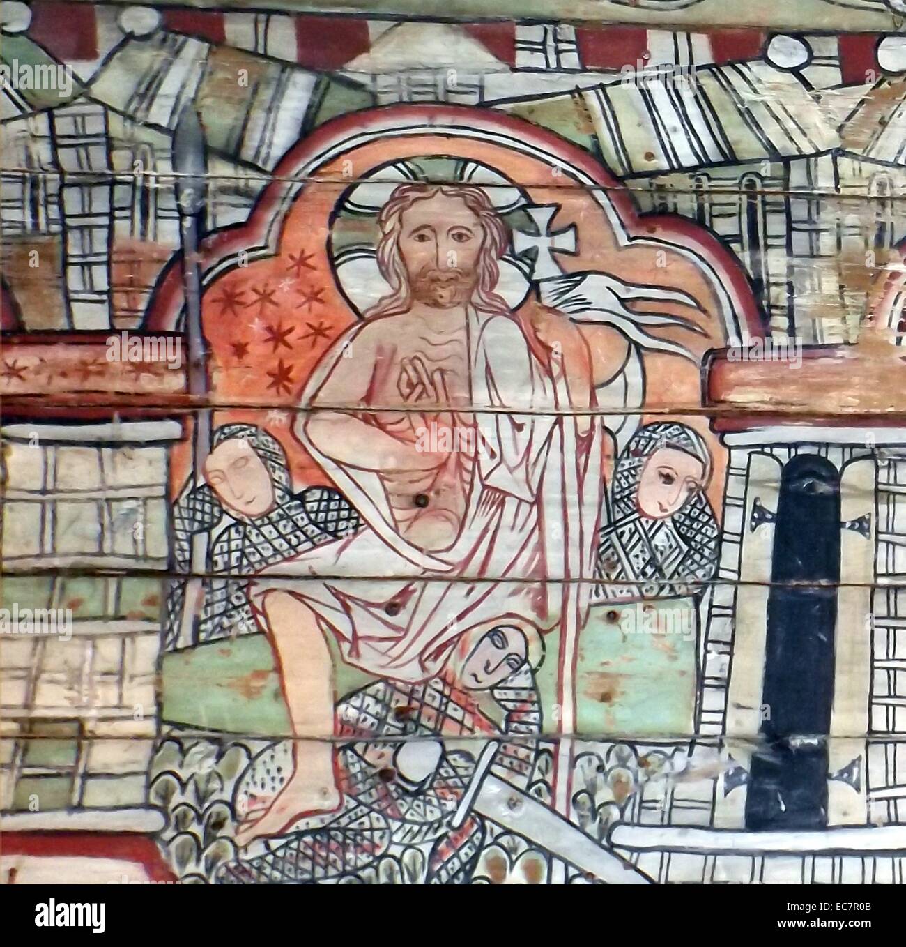 Die Deckenplatten aus einem Norwegisch-Kirche aus dem Jahr 1200 n. Chr. erhalten. Auferstehung Jesu wird angezeigt Stockfoto