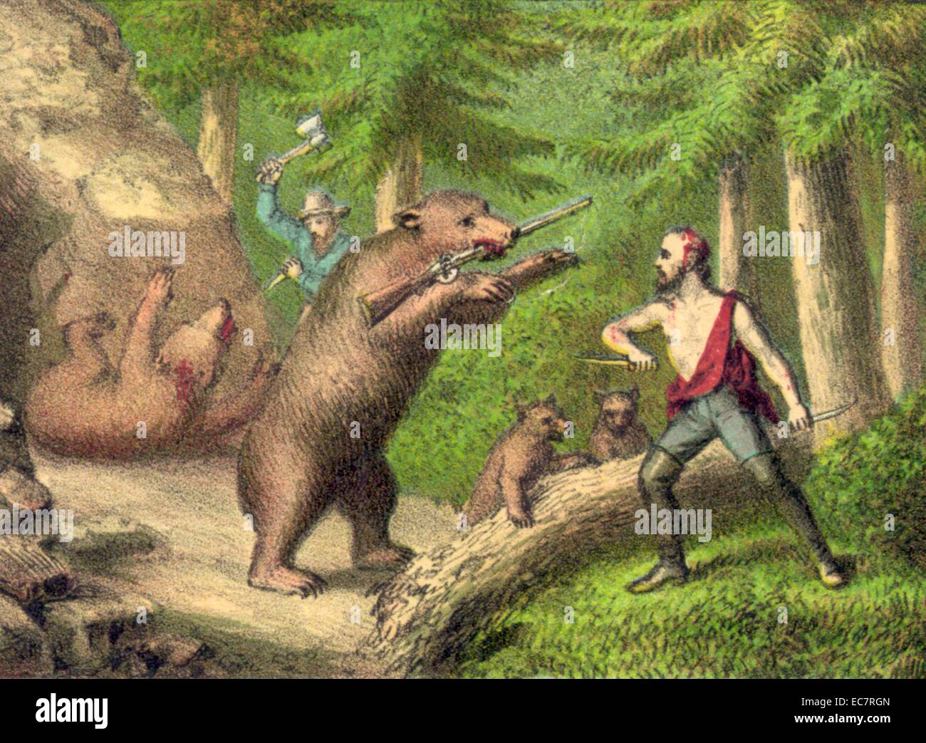 Amerikanische holzfällern Jagd auf Bären in den Wäldern in der Mitte des 19. Jahrhunderts. Das Recht, Waffen zu tragen, ist vielleicht in dieser Abbildung verspottet Stockfoto