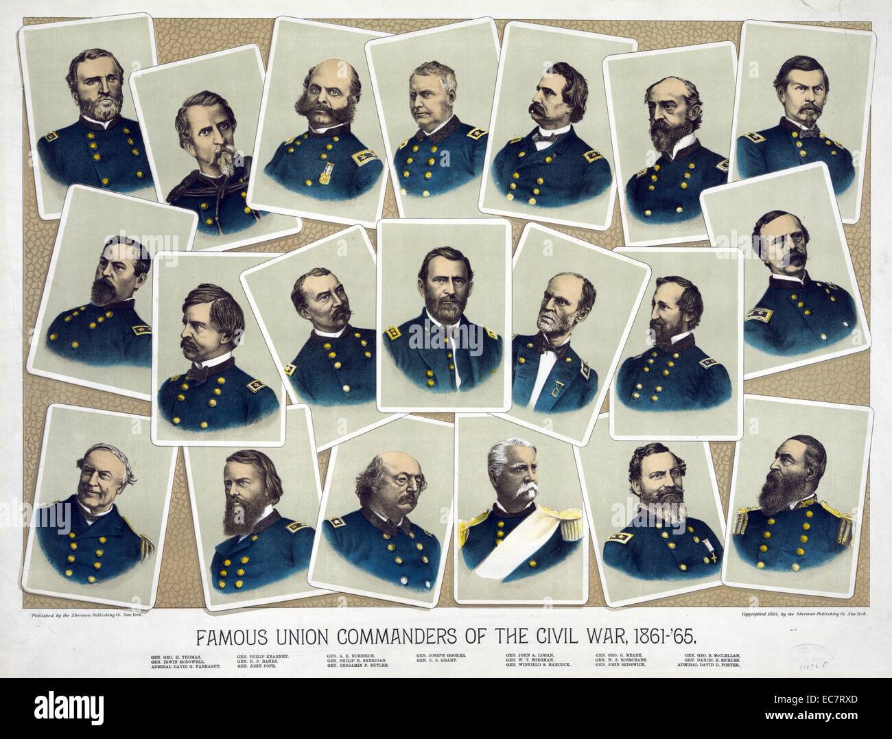 Berühmten Union Kommandanten der Bürgerkrieg; 1861 - '65 mit Kopf und Schultern Portrait von achtzehn Union Generäle und Admiräle; unten zwei Union Bild identifiziert Stockfoto
