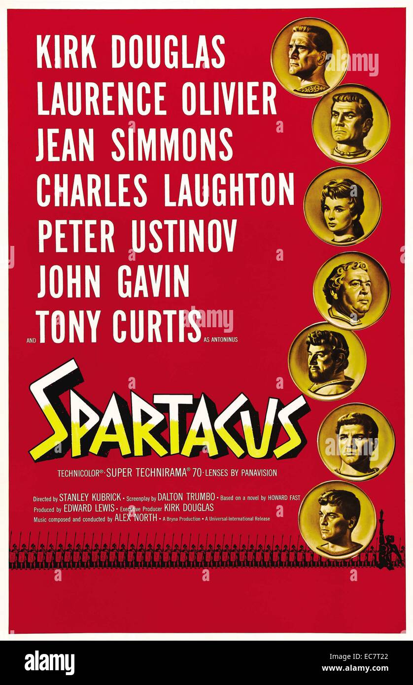 Spartacus ist ein 1960 American epic historisches Drama Film von Stanley Kubrick Regie und Hauptdarsteller Kirk Douglas als die rebellische Sklave des Titels. Das Drehbuch wurde nach dem Roman Spartacus von Howard Schnell. Es wurde von der Lebensgeschichte der historischen Figur Spartacus und die Ereignisse des Dritten sklavische Krieg inspiriert. Stockfoto
