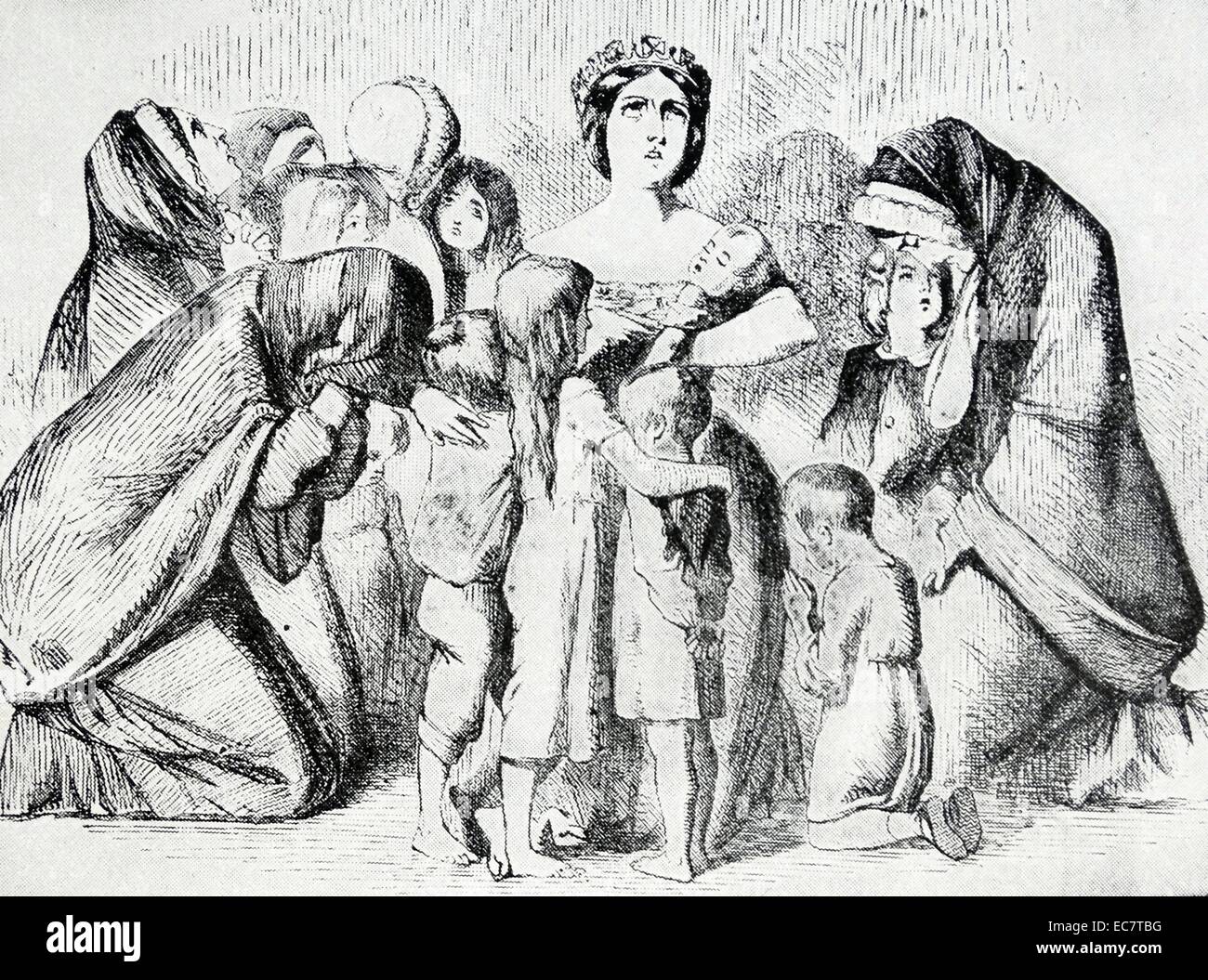 Cartoon-Darstellung von Königin Victoria von Großbritannien tröstlich Witwen und Waisen während des Krimkrieges Stockfoto