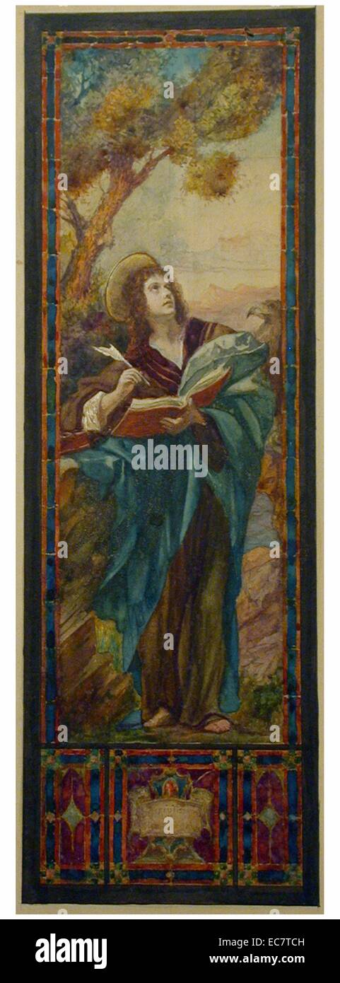 Konstruktionszeichnung für Glasfenster mit im Stil der Renaissance St. Johannes als Haloed Abbildung mit Federkiel. Zwischen 1900 und 1950 veröffentlicht. Stockfoto