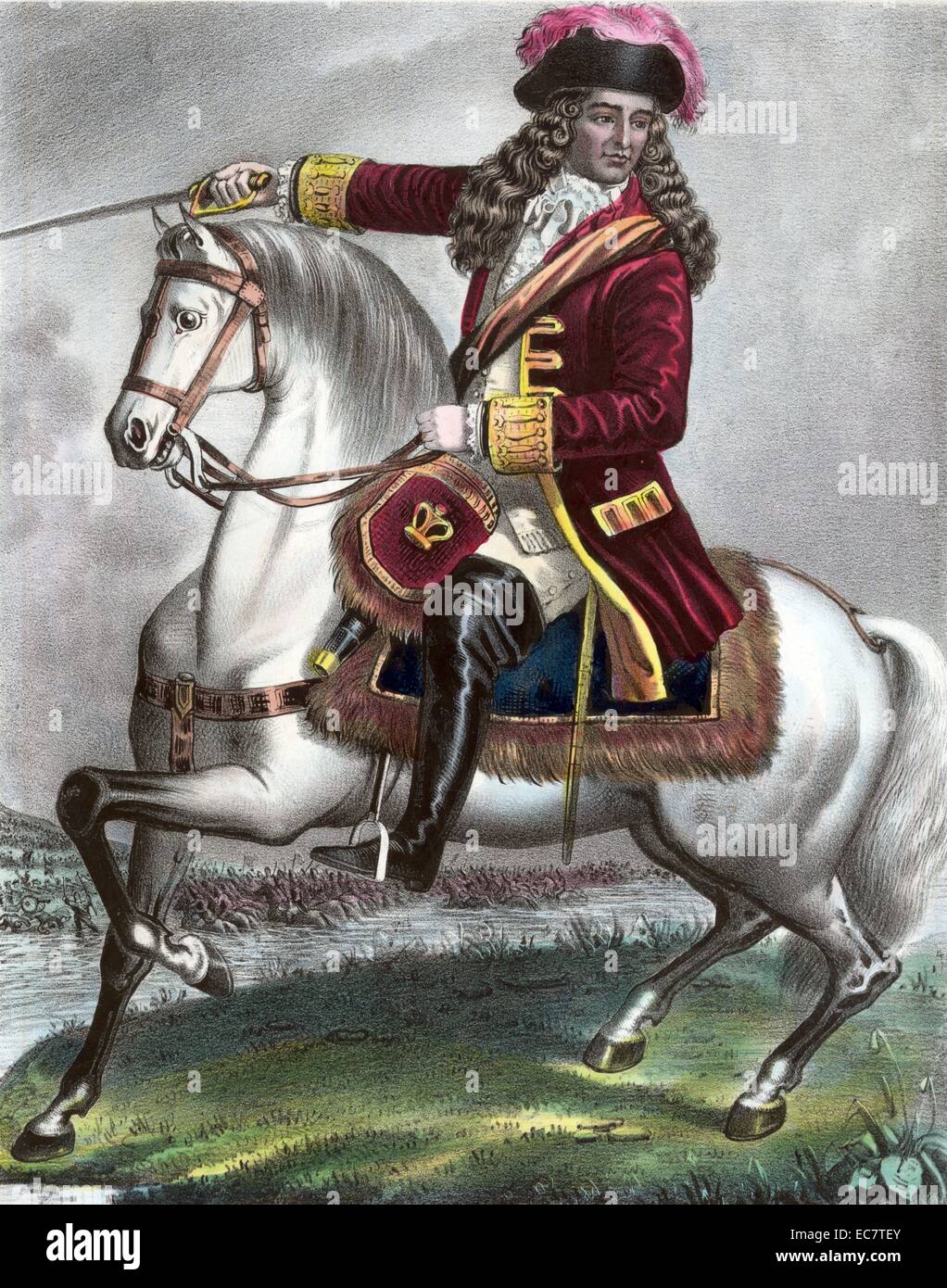 Wilhelm von Oranien, dargestellt auf einem Pferd. Wilhelm III. kämpfte die Katholiken in der Schlacht des Boyne. Datiert um 1690 Stockfoto