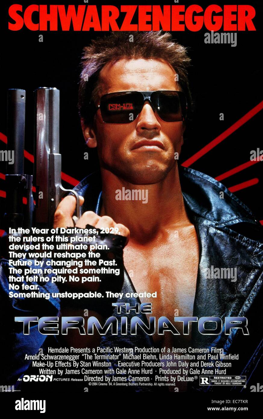 Der Terminator ist eine 1984 amerikanische Science-Fiction-Film von James Cameron, die von Cameron und der Filmproduzent Gale Anne Hurd geschrieben, und mit Arnold Schwarzenegger, Michael Biehn, Linda Hamilton, Paul Winfield. Der Film erzählt die Geschichte des Terminator, ein Cyborg assassin geschickt zurück in der Zeit vom Jahr 2029 bis 1984 Sarah Connor zu töten. Stockfoto