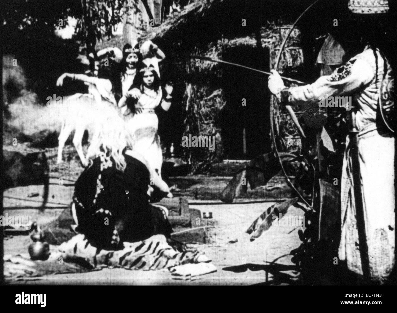 Raja Harishchandra ist ein 1913 indische Stummfilm, geleitet und von indischen Symbol Dadasaheb Phalke produziert und ist der erste abendfüllende indischen Spielfilm. Der Film wurde auf der Legende von Raja Harishchandra basiert, erzählt in der Ramayana und Mahabharata. Obwohl ein Stummfilm mit Zwischentiteln in Englisch und Hindi, die Besetzung und die Angestellten waren Marathi und es ist deshalb oft als erste Marathi Film als gut angesehen. Stockfoto