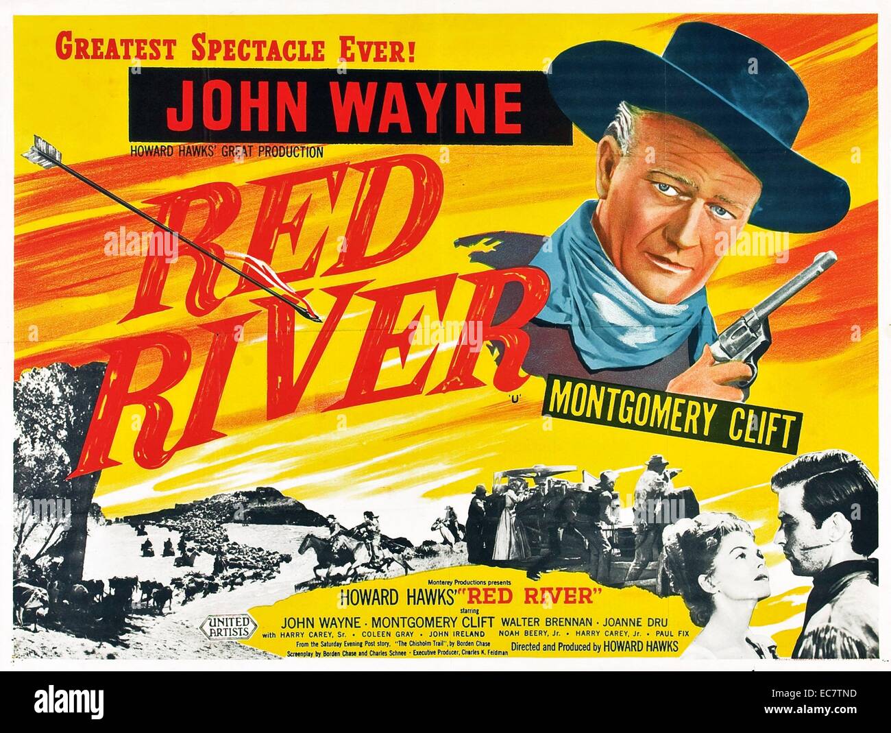 Red River ist ein 1948 Western Film unter der Regie von Howard Hawks und mit John Wayne und Montgomery Clift gefertigt und eine fiktive Konto des ersten Almabtrieb von Texas zu Kansas entlang der Chisholm Trail. Die dramatische Spannung ergibt sich aus einer wachsenden Fehde über das Management des Antriebs, zwischen dem Texas Rancher, die es initiiert und seiner angenommenen erwachsener Sohn. Stockfoto