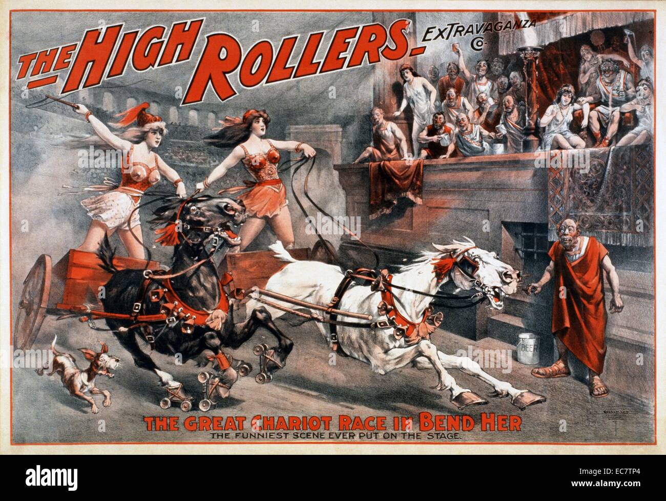 Die hohe Rollen Extravaganza Co.: Das große Wagenrennen in der Schlaufe Ihr." Plakat für eine amerikanische Burlesque aus dem Jahre 1900. Amerikanische Burlesque ist ein Genre der Vielfalt zeigen. Aus Elementen der Viktorianischen burleske, Music Hall und der Minstrel Shows abgeleitet, Burlesque Shows in Amerika populär wurde in den 1860er Jahren und entwickelte sich zu verfügen über deftige Komödie (anzügliche Witze) und weiblichen Striptease. Stockfoto