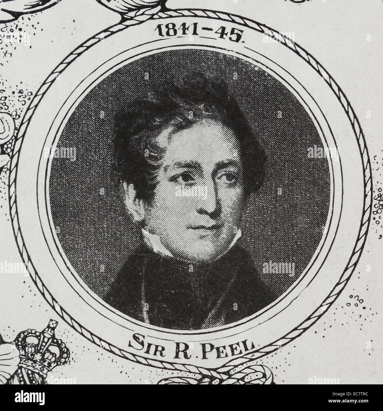 Sir Robert Peel; (1788 - vom 2. Juli 1850) der britischen Konservativen Staatsmann; wer diente als Premierminister des Vereinigten Königreichs vom 10. Dezember 1834 bis 8. April 1835 und vom 30. August 1841 bis 29. Juni 1846. Während Innenminister; Schalen geholfen, das moderne Konzept der Polizei erstellen Stockfoto