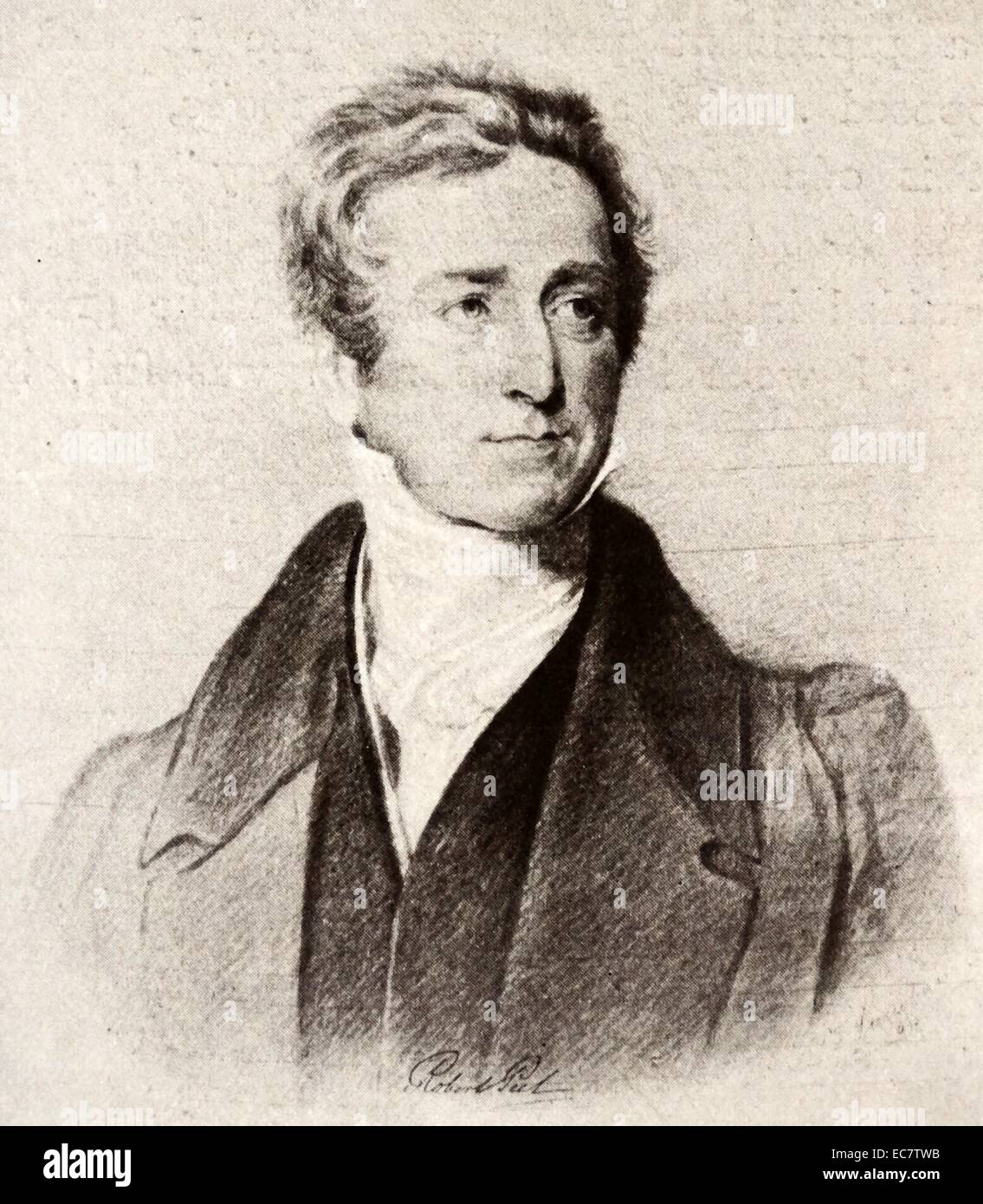 Sir Robert Peel; (1788 - vom 2. Juli 1850) der britischen Konservativen Staatsmann; wer diente als Premierminister des Vereinigten Königreichs vom 10. Dezember 1834 bis 8. April 1835 und vom 30. August 1841 bis 29. Juni 1846. Während Innenminister; Schalen geholfen, das moderne Konzept der Polizei erstellen Stockfoto