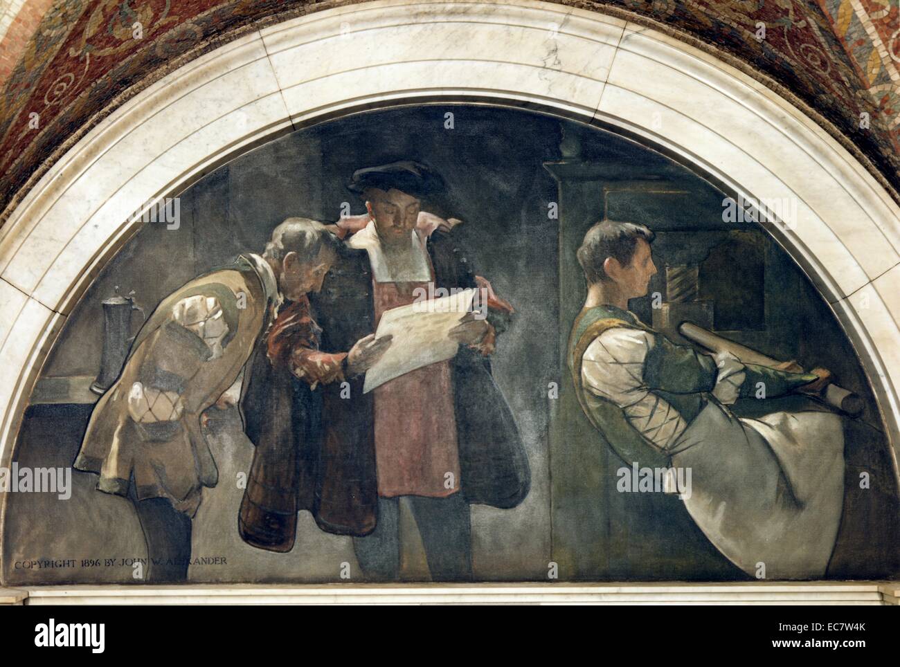 Teil fünf von sechs - Teil Wandbild. Es zeigt einen Mann in einer Druckmaschine und Gutenberg und einem anderen Mann Nachweis der Prüfung arbeiten. Zwischen 1890 und 1900. Stockfoto