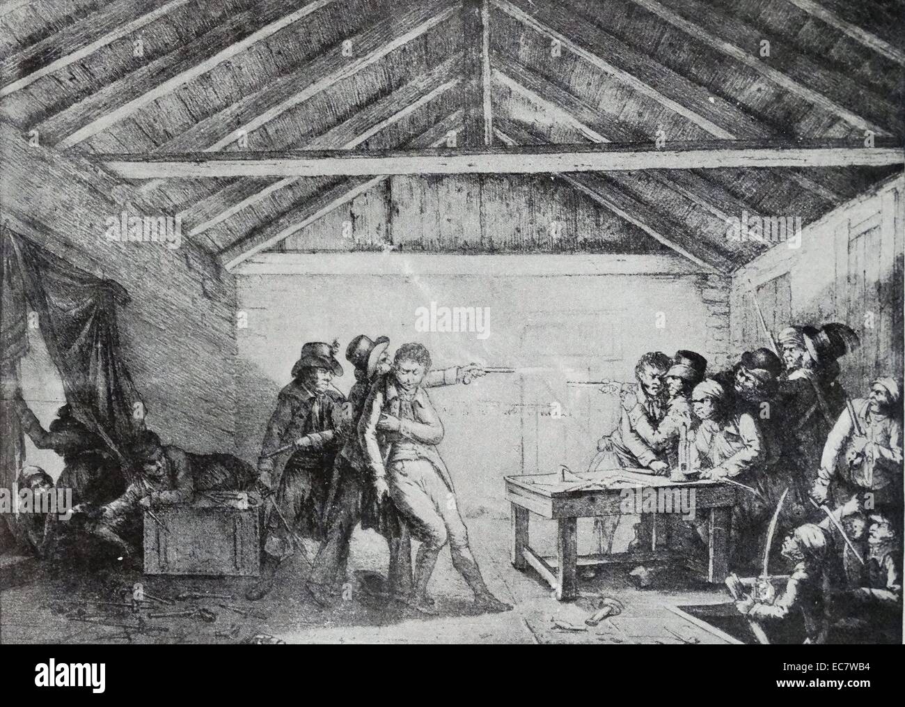 Die verhaftung der Cato Street Verschwörer 1820. Er Cato Street Verschwörung war ein Versuch, alle britischen Ministern zu Mord und Premierminister Lord Liverpool 1820. Der Name kommt von der Treffpunkt in der Nähe von Edgware Road in London. Die Cato Street Verschwörung ist bemerkenswert für abweichende öffentlichen Meinungen in Bezug auf die Bestrafung der Verschwörer Stockfoto