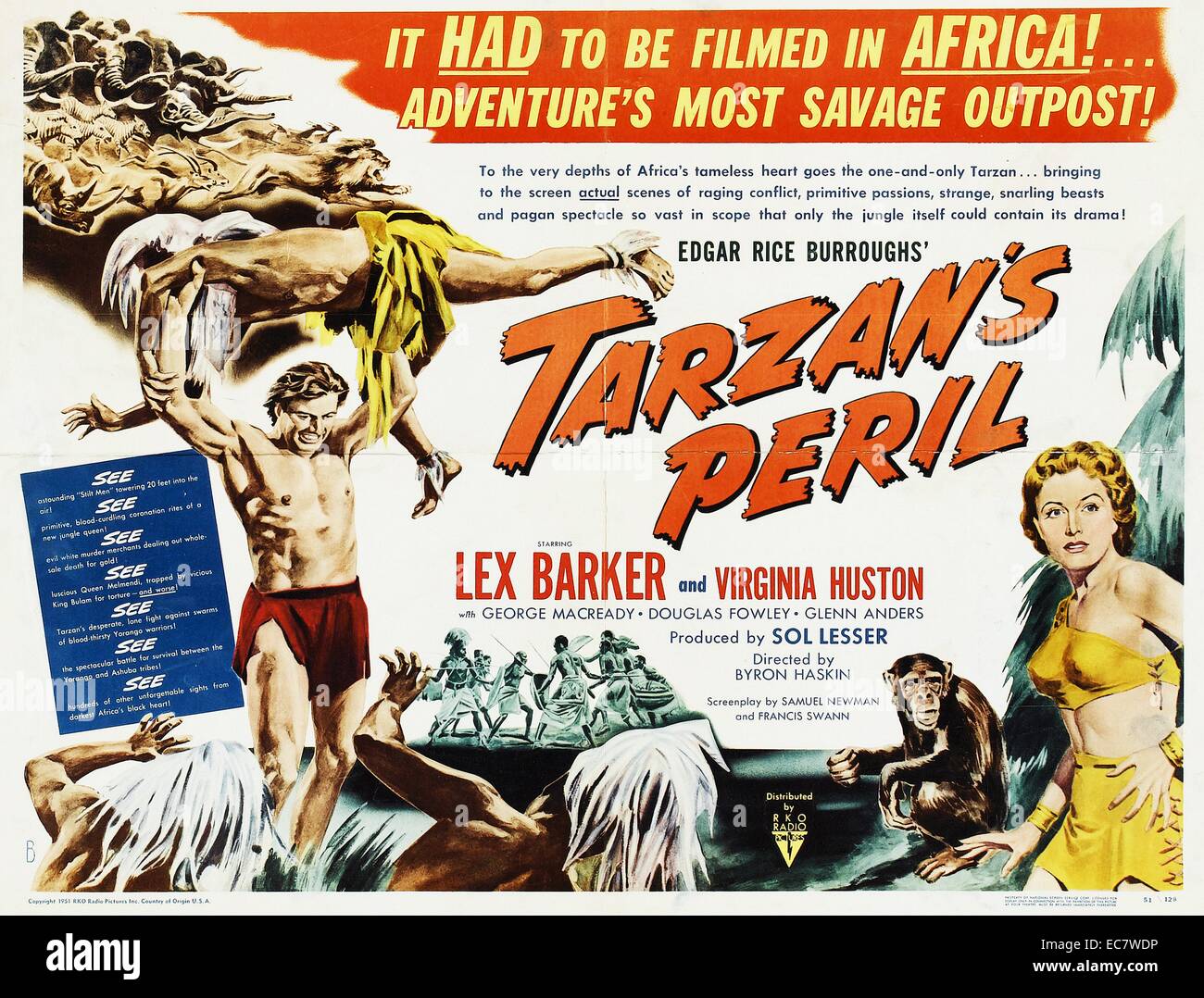 Tarzan und die Gefahr ist ein 1951 Film unter der Regie von Byron Haskin und Lex Barker in den Hauptrollen und Virginia Huston und mit Dorothy Dandridge. Es wurde in Kenia erschossen und ist damit die erste Tarzan Film in Afrika gedreht werden, obwohl die meisten seiner Aufnahmen in den Vereinigten Staaten getan wurde. Kritik lobte die überzeugende Integration der afrikanischen und amerikanischen Filmmaterial. Stockfoto