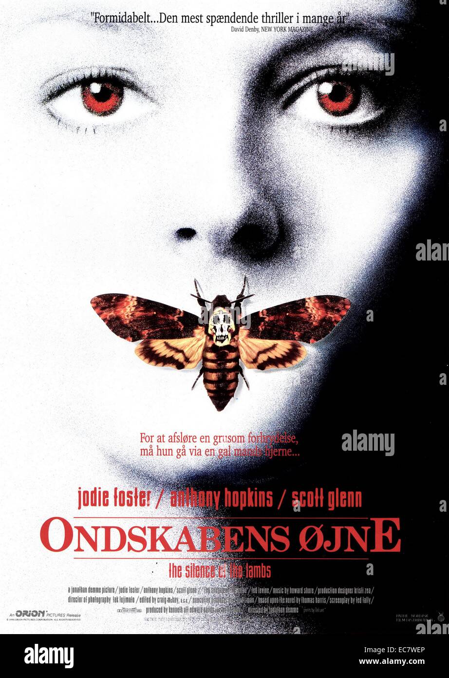 Dänische Plakat für das Schweigen der Lämmer. Das Schweigen der Lämmer ist ein amerikanischer Thriller von 1991 verbindet Elemente des Verbrechens und Horror Genres. Unter der Regie von Jonathan Demme mit Jodie Foster, Anthony Hopkins, und Scott Glenn, der Film ist auf Thomas Harris' 1988 Roman mit dem gleichen Namen, seine zweite Hannibal Lecter, ein genialer Psychiater und Kannibalistische Serienmörder zu kennzeichnen. Stockfoto