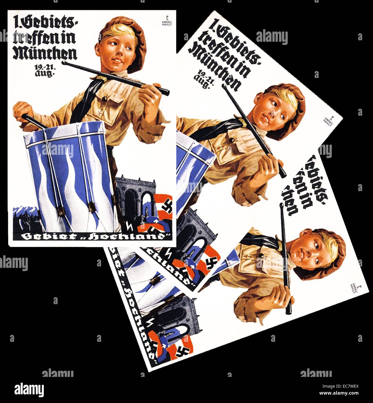 Propaganda Poster für die Hitlerjugend - deren Mitglieder wurden als zukünftige "arischen Übermenschen" angesehen. Es war der zweite Älteste paramilitärischen NS-Gruppe und soll eine Gruppe von Soldaten, die zweifellos für die Sache der Nazis kämpfen würde zu erstellen. Stockfoto