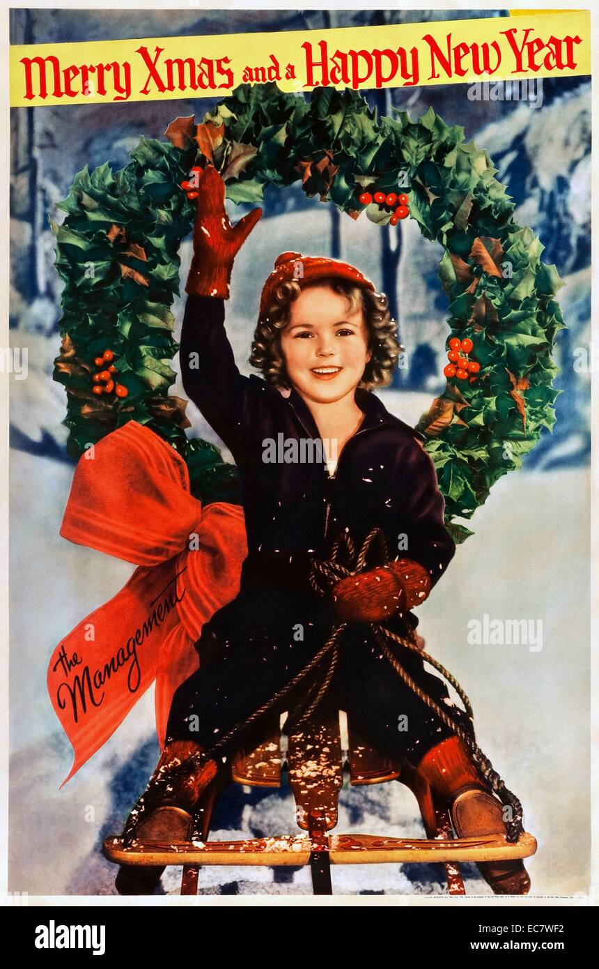 Shirley Temple Weihnachten Plakat aus dem Jahre 1934. Shirley Temple war ein US-amerikanischer Film- und TV-Schauspielerin, Sängerin, Tänzerin und öffentlichen Bediensteten, die meisten berühmten als Kinderstar in den 1930er Jahren. Stockfoto