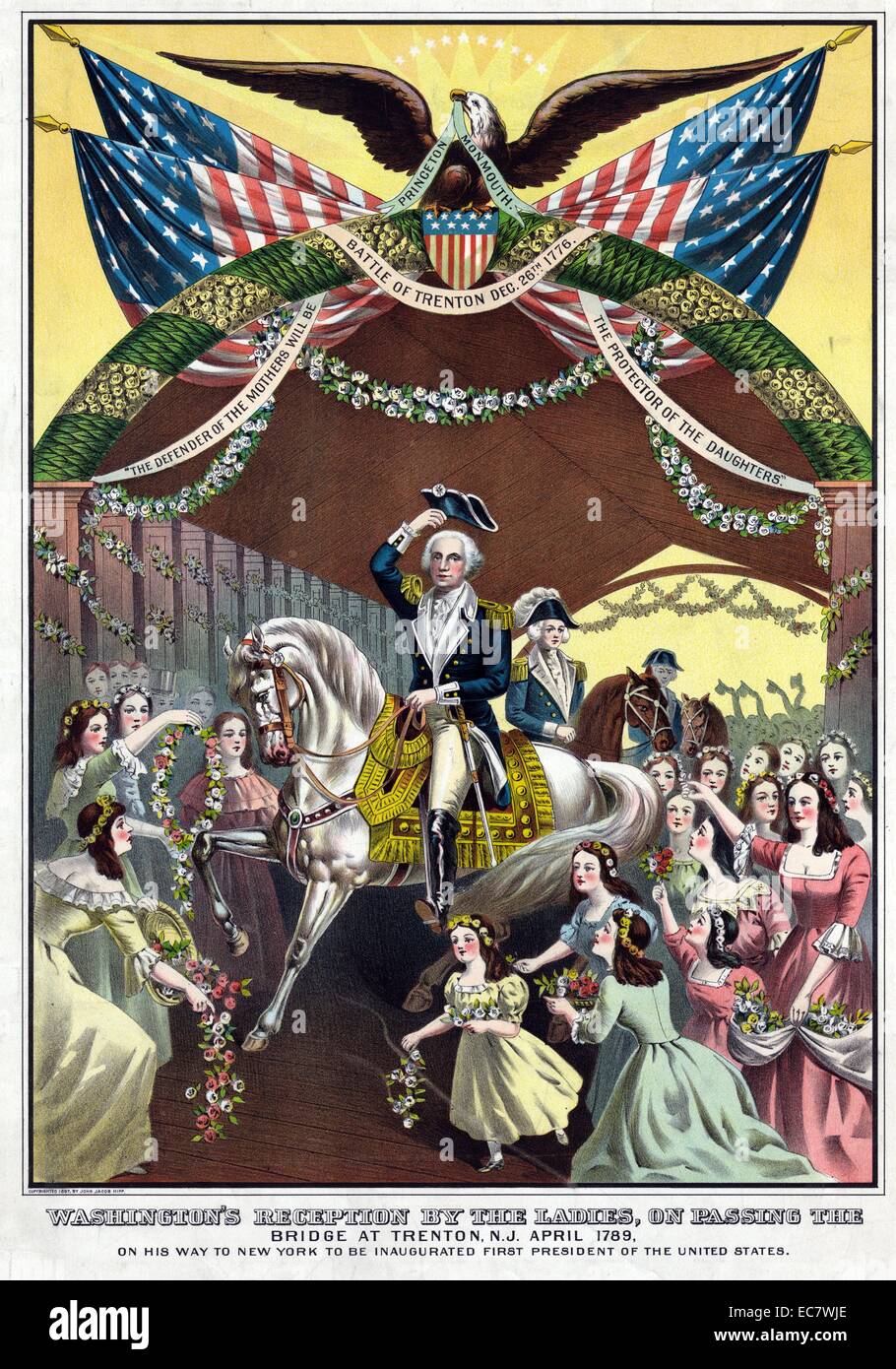 Washington's Empfang durch die Damen, auf der Brücke in Trenton, New Jersey. April 1789, auf dem Weg nach New York, der erste Präsident der Vereinigten Staaten eröffnet. Stockfoto