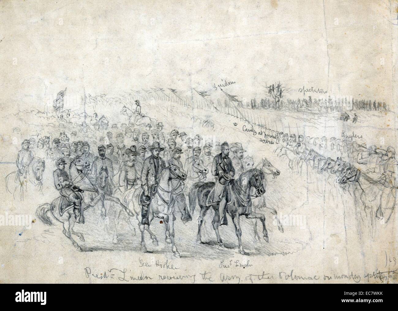Präsident Lincoln Überprüfung der Armee des Potomac auf Montag, 6. April 1863 Stockfoto