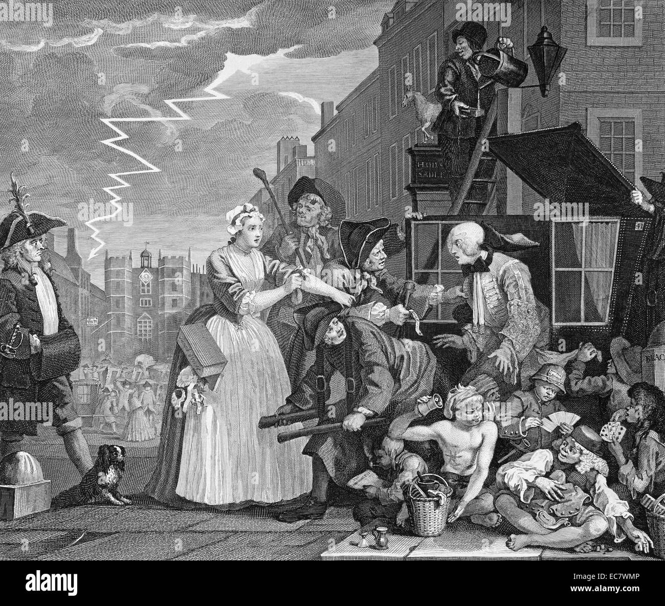 The Rake's Progress. Platte 4 einer Reihe von acht des 18. Jahrhunderts englischen Künstler William Hogarth. 1735. Die Serie zeigt den Niedergang und Fall des Tom Rakewell; die Zecher Sohn und Erben von einem reichen Kaufmann; wer kommt nach London; Abfälle all sein Geld auf luxuriösen Leben; Prostitution und Glücksspiel; und als Konsequenz ist in der Flotte, Gefängnis und schließlich Bethlem Krankenhaus; oder Bedlam Stockfoto The Rake's Progress. Platte 4 einer Reihe von acht des 18. Jahrhunderts englischen Künstler William Hogarth. 1735. Die Serie zeigt den Niedergang und Fall des Tom Rakewell; die Zecher Sohn und Erben von einem reichen Kaufmann; wer kommt nach London; Abfälle all sein Geld auf luxuriösen Leben; Prostitution und Glücksspiel; und als Konsequenz ist in der Flotte, Gefängnis und schließlich Bethlem Krankenhaus; oder Bedlam Stockfoto