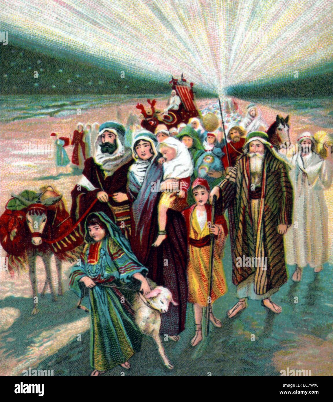 Bild Lektion von der American Baptist Publication Society, [zwischen 1900 und 1913]. zeigen Szenen aus dem Alten Testament biblische Geschichten über Mose's Leben veröffentlicht. Die Juden Ägypten fliehen und die parted Wasser des Roten Meeres Kreuz Stockfoto