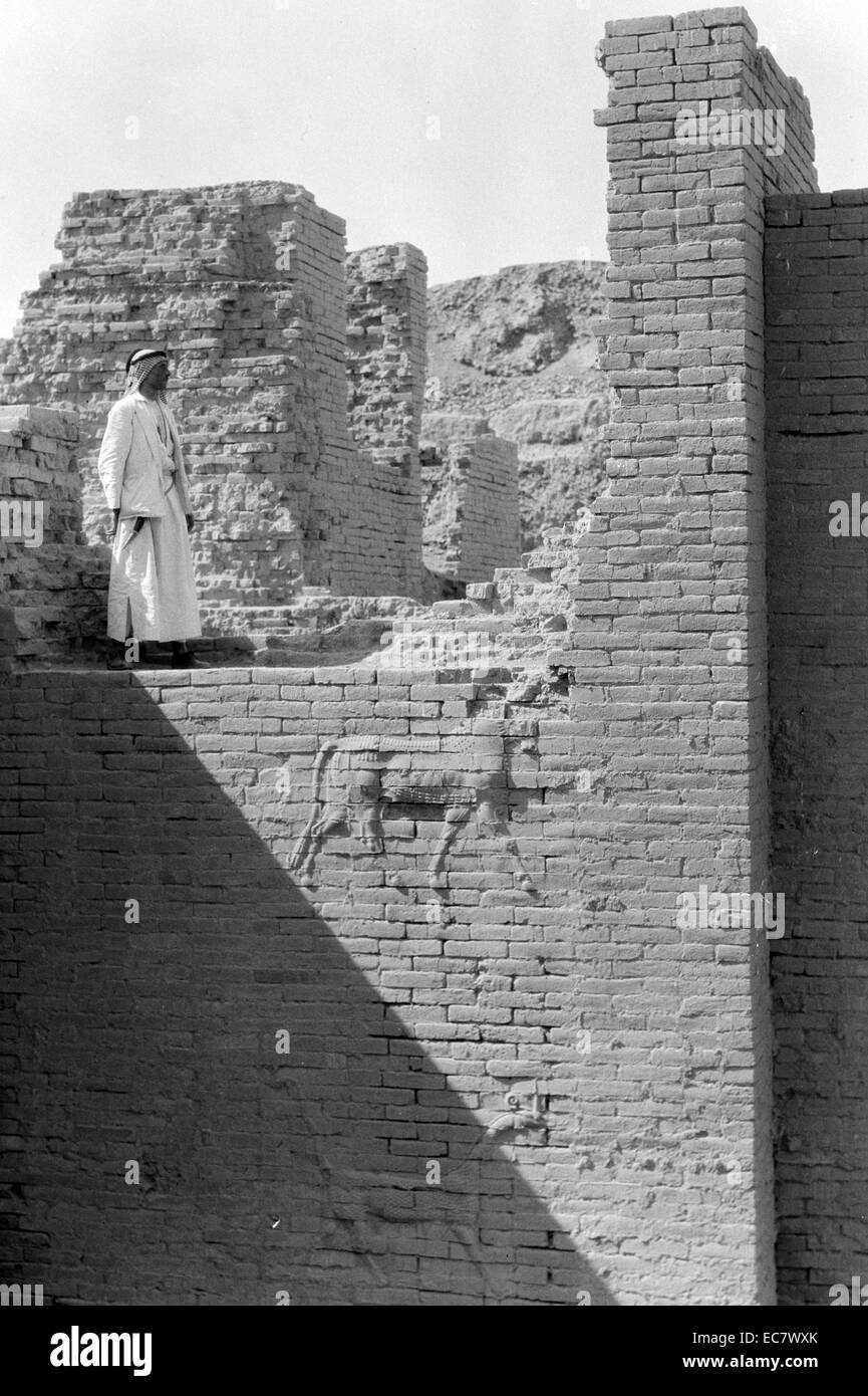 Irak. Babylon, "die große." Verschiedene Sichten auf die verfallenen Ruinen. Ischtar-Tor. Nahaufnahme einer der Wände mit einem Basrelief Stockfoto