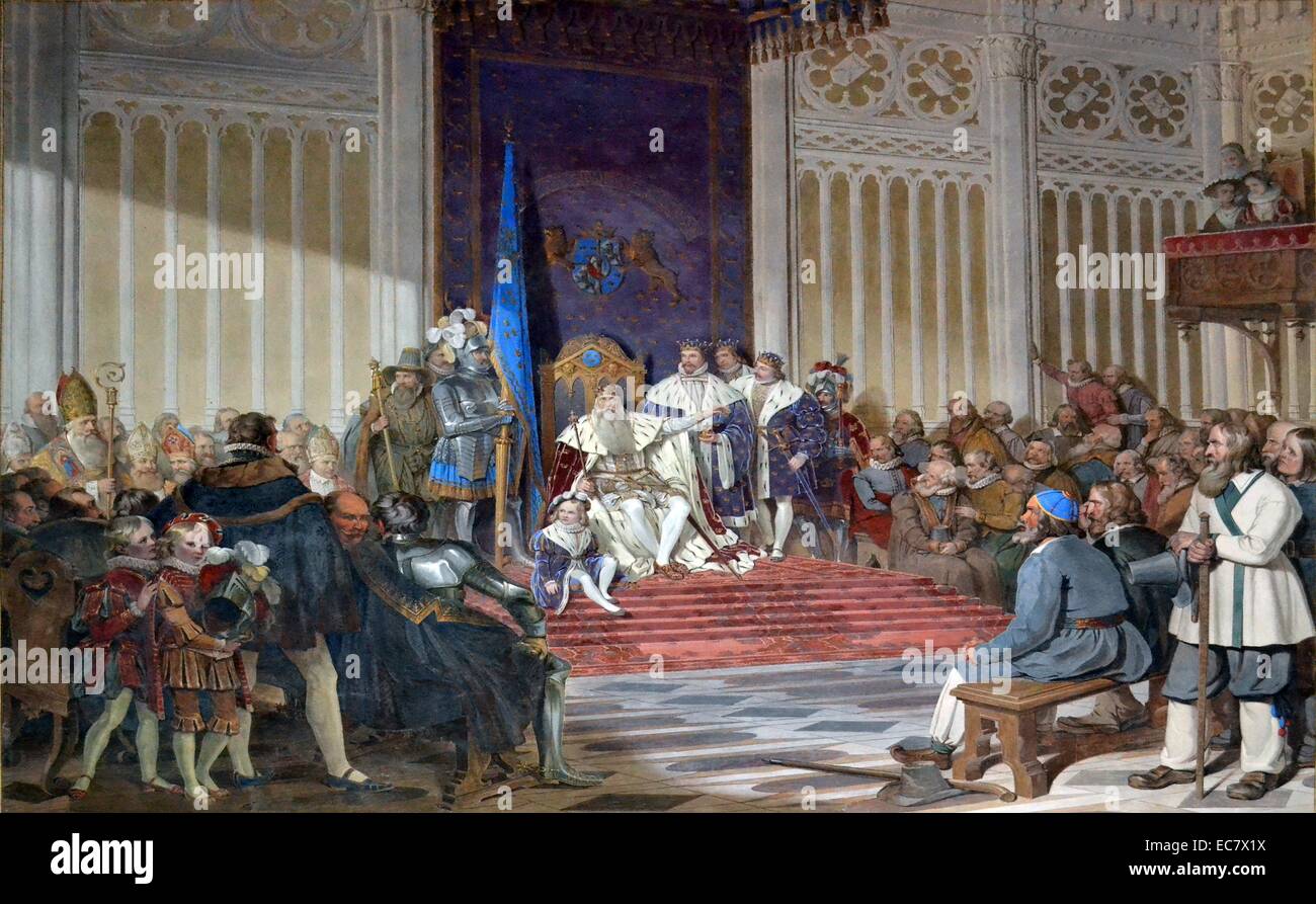 Gustav ich, auch als Gustav Vasa (12. Mai 1496 - 29. September 1560), war König von Schweden von 1523 bis zu seinem Tod, vorher selbst erkannten Beschützer der Realm (Rikshövitsman) von 1521, während der laufenden schwedische Befreiungskrieg gegen König Christian II. von Dänemark, Norwegen und Schweden bekannt. Gustav's Wahl zum König am 6. Juni 1523 und seiner triumphalen Eintritt in Stockholm elf Tage später bedeutete das Ende der Wahlmonarchie des mittelalterlichen Schweden sowie die Kalmar Union. Diese erstellt eine erbmonarchie unter dem Haus der Vasa und seine Nachfolger, einschließlich der aktuellen Haus von Bernadotte. Stockfoto