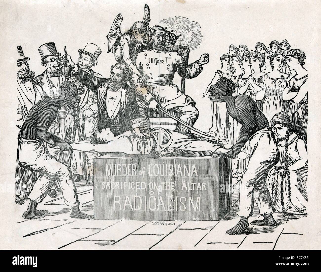 Mord an Louisiana geopfert auf dem Altar der Radikalismus' Präsident Ulysses S. Grant und der Kongress ein blindes Auge zu der umstrittenen Wahl 1872 von carpetbagger William S. Kellogg als Gouverneur von Louisiana gedreht. In dieser Szene Kellogg hält die Herzen, die er gerade aus dem Körper der weiblichen Figur von Louisiana, die gehalten wird über einen Altar mit zwei freigelassene gestreckt extrahiert hat. Thront hinter dem Altar sitzt, mit einem Schwert. Seine Attorney General, George Williams, der geflügelte Dämon hinter ihm gehockt, leitet seine Hand. Stockfoto