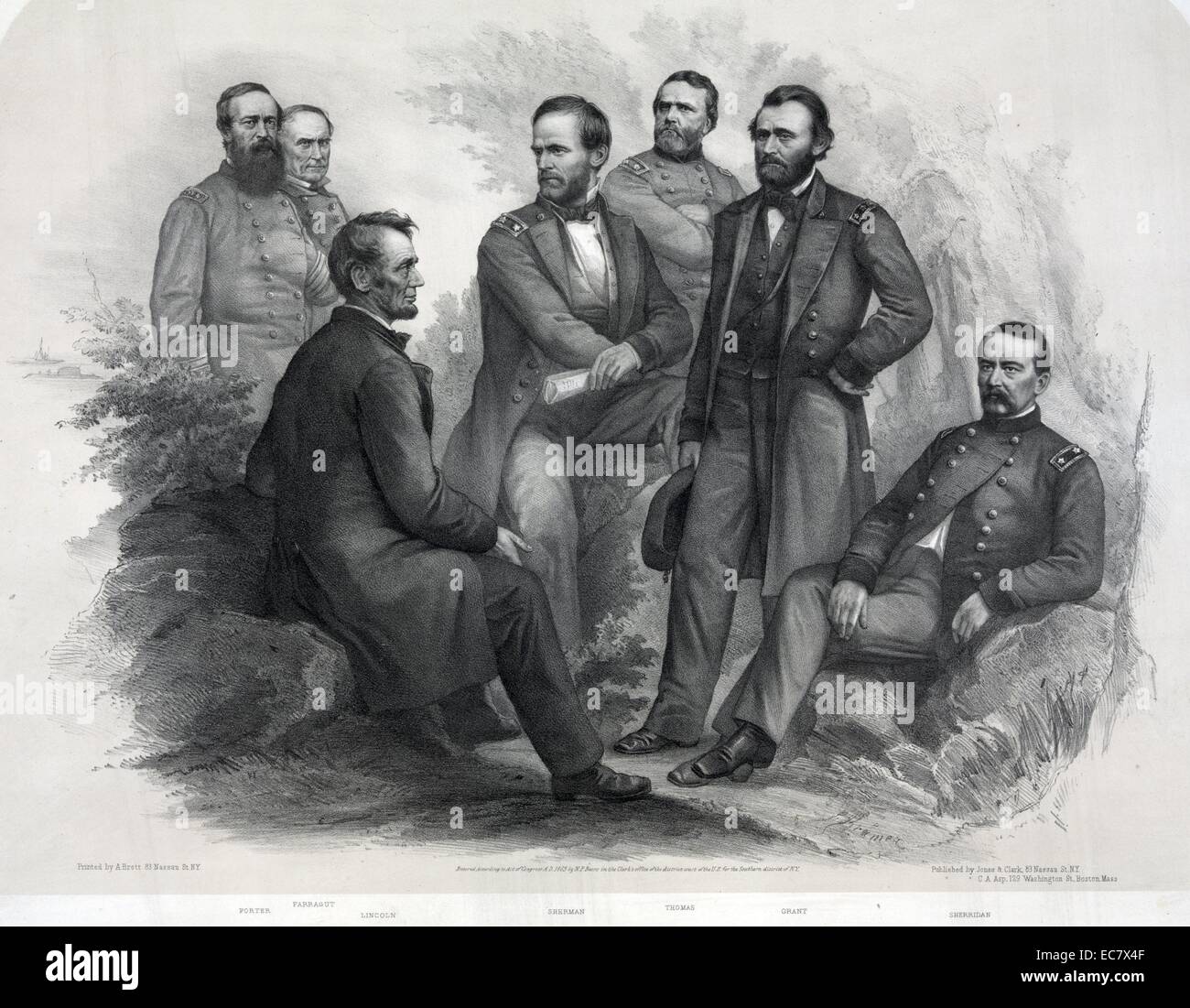 Präsident Abraham Lincoln auf einem Stein saß im Gespräch mit seinen Generälen: Porter, Admiral Farragut, Lincoln, Sherman, Thomas, Grant und Sheridan. Stockfoto