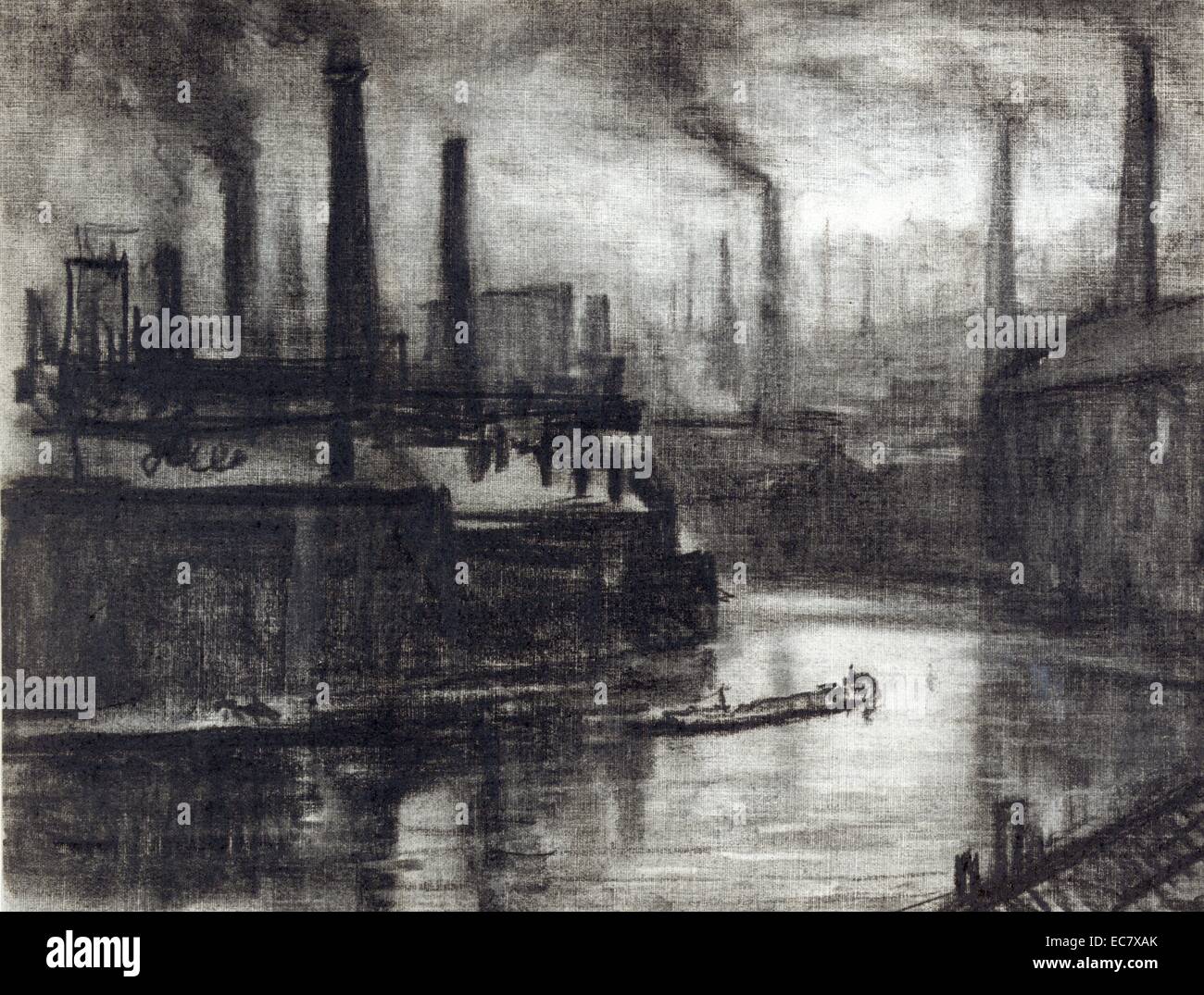 East London von Joseph Pennell, 1857-1926, Künstler im Jahre 1908 gezeichnet. Blick über gekrümmte Fluss, der durch Factory Bezirk, kleines Boot, Vordergrund, Schornsteine aufstoßen schwarzer Rauch darüber hinaus und in der Ferne. Stockfoto