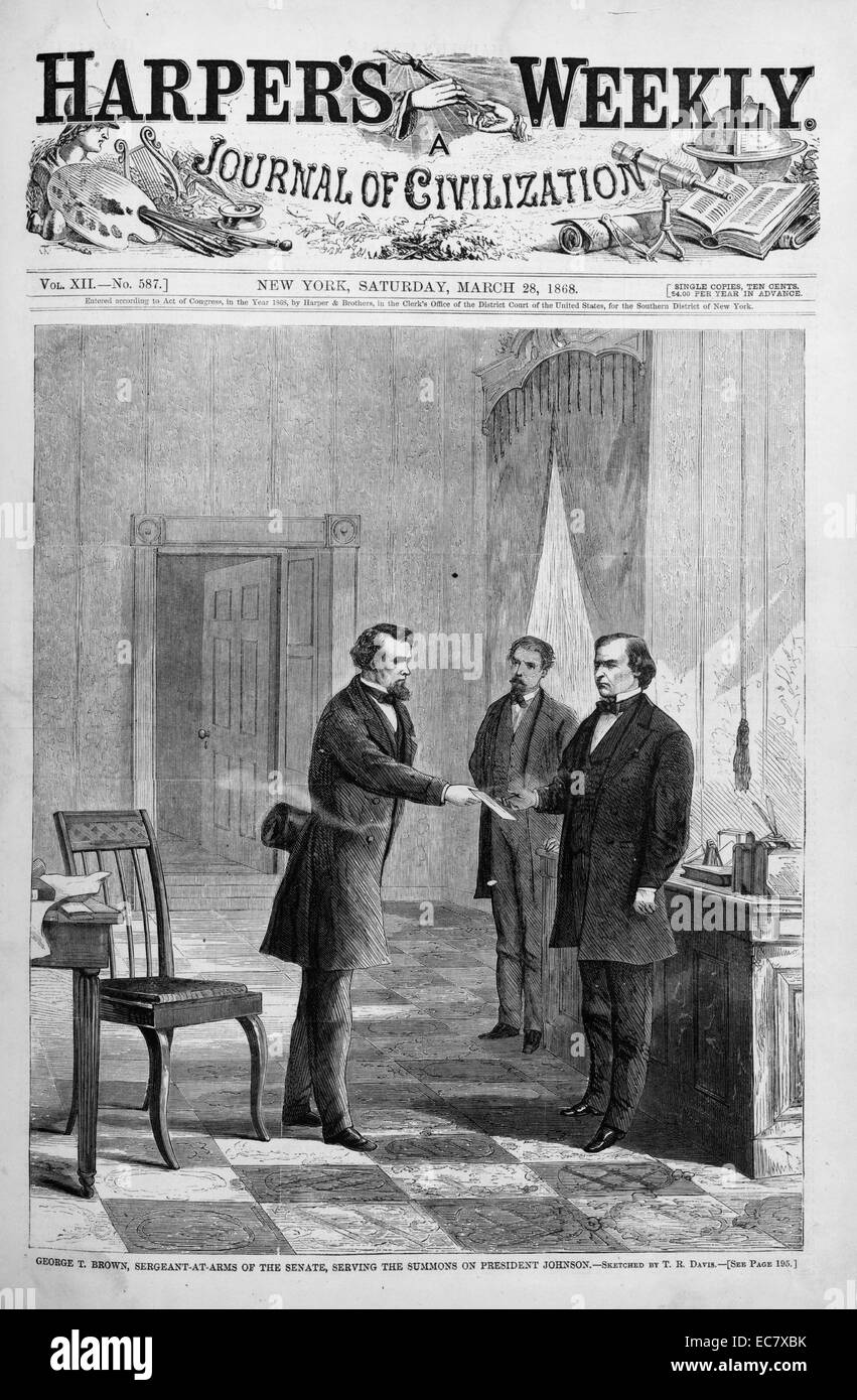 George T. Braun, Sergeant-at-Arms, in dem die Ladung auf Präsident Johnson (1808-1875). Johnson war der 17. Präsident der Vereinigten Staaten, von 1865 bis 1869 dienen. Er wurde Präsident Abraham Lincoln's Vice President zum Zeitpunkt der Ermordung Lincolns. Stockfoto