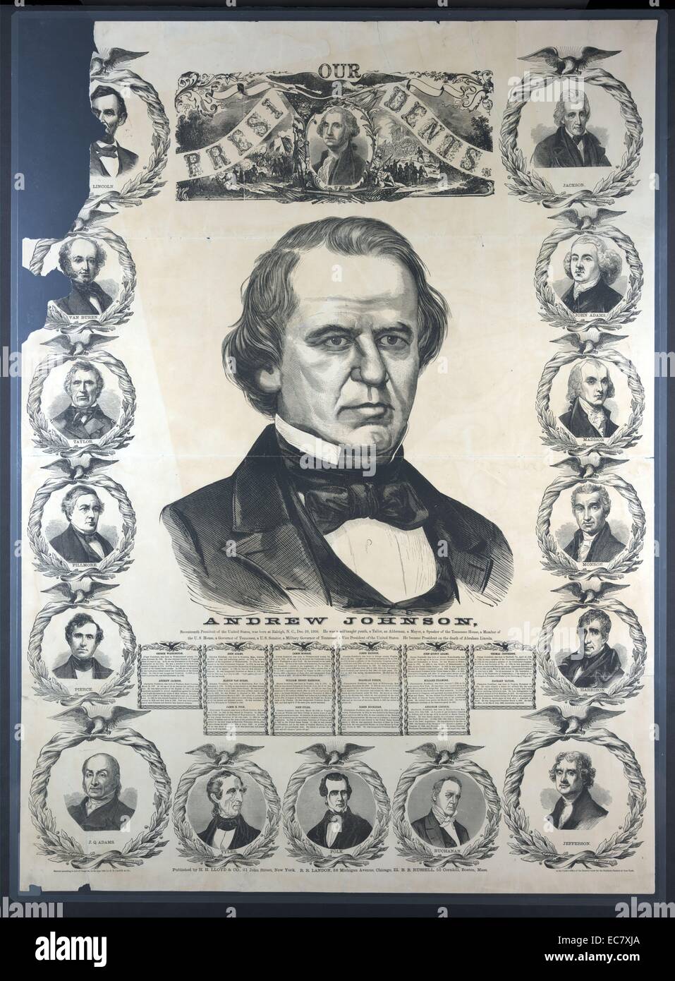 Druck zeigt Andrew Johnson umgeben von Cameo Porträts des US-Präsidenten George Washington, Abraham Lincoln. Stockfoto