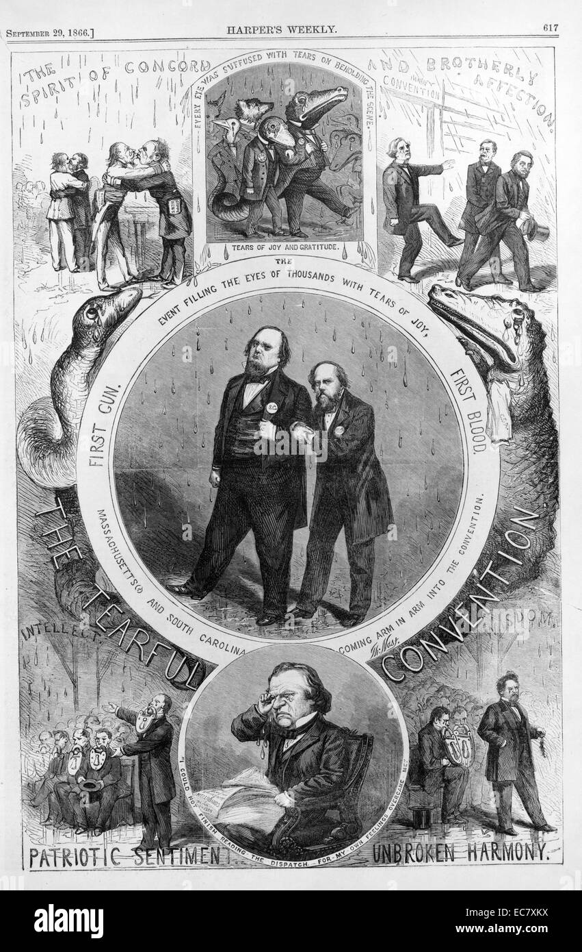 Die tränenreiche Übereinkommen" Politische Karikatur mokiert sich über die Nationale Union Übereinkommen vom August 1866, Gen. Darius Couch von Massachusetts mit reg. James Orr von South Carolina; Unten, Präsident Andrew Johnson weint, als er über die Konvention liest. Stockfoto