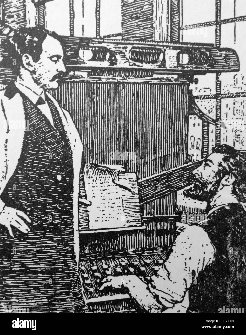 Ottmar Mergenthaler (1854-1899) ein Deutsches geboren Erfinder demonstriert seine mechanischen Setzmaschine, die Linotype, die Herausgeber der New York Tribune, Whitelaw Reid, die zuerst ihn im Jahr 1886 zu verwenden. Stockfoto