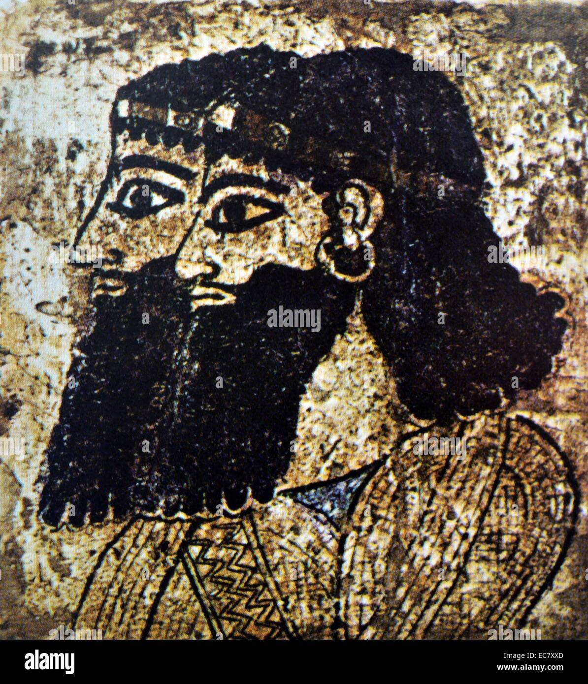 Würdenträger an einer offiziellen Publikum. Detail einer Wandmalerei von Governor's Palace, Til Barsip (heute Tell Ahmar), nördlichen Mesopotamien. Neuassyrischen Epoche, wahrscheinlich der Herrschaft von Tiglatpileser III (C. 745-727 v. Chr.) Stockfoto