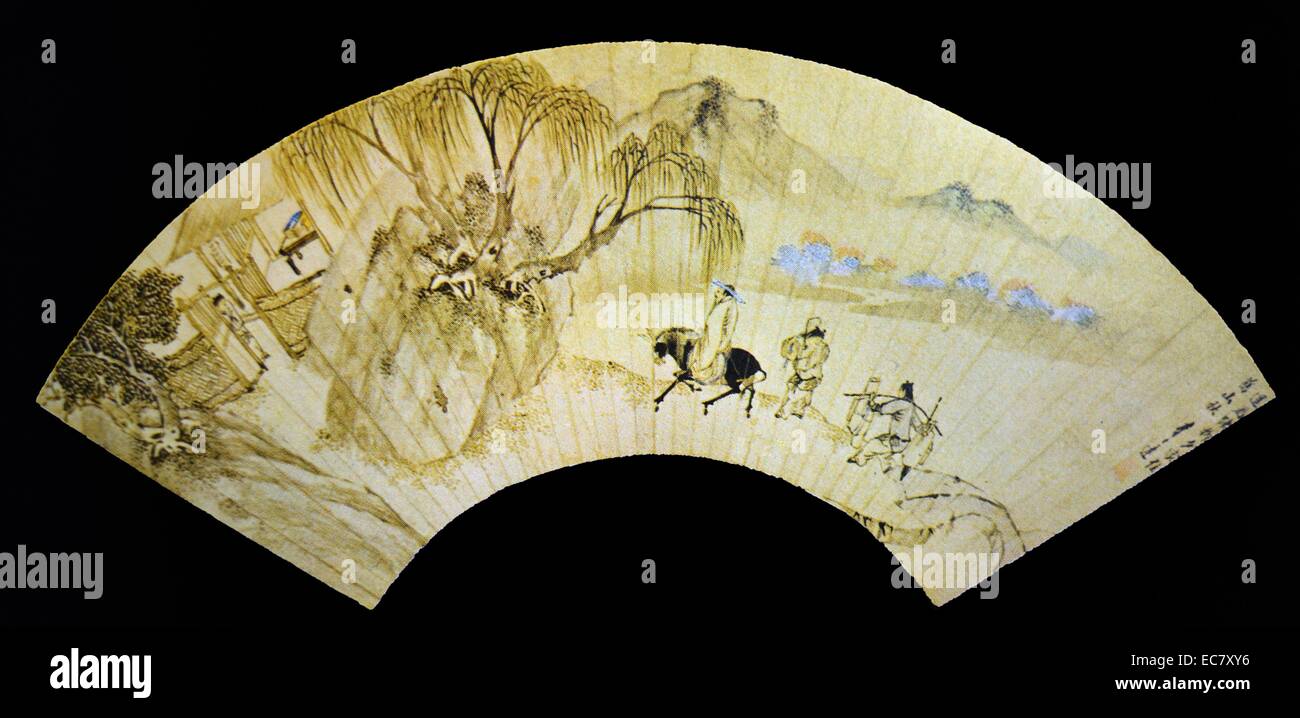 Li Shih-ta (dokumentierte 1574-1620) Landschaft mit Figuren, China, Blatt eines Lüfters. Tusche und blasse Farbe auf Gold - speckled Papier. Ming Dynastie. Stockfoto