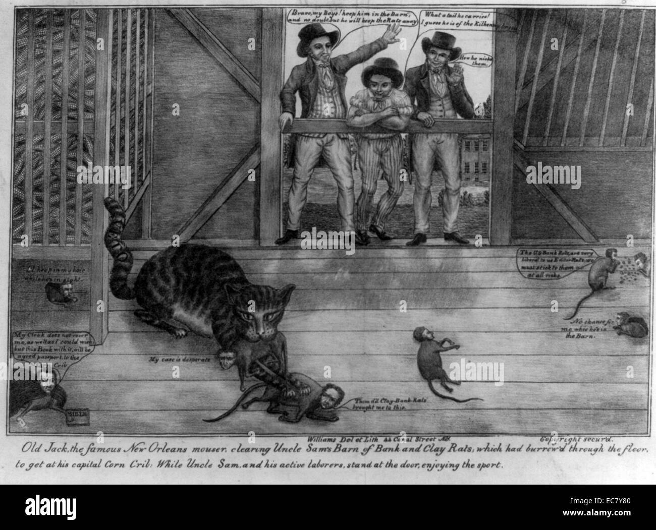Alte Jack, der berühmten New Orleans mouser, Clearing Uncle Sam's Scheune von Bank und Lehm Ratten" eine seltene pro-Jackson Satire auf die Kampagne der Präsident die politische Macht und Einfluss der Bank der Vereinigten Staaten zu zerstören. Es war wahrscheinlich spät im Präsidentschaftswahlkampf von 1832 ausgestellt, nachdem Jackson Juli Veto des Wechsels zu re-Charta der Bank. Stockfoto