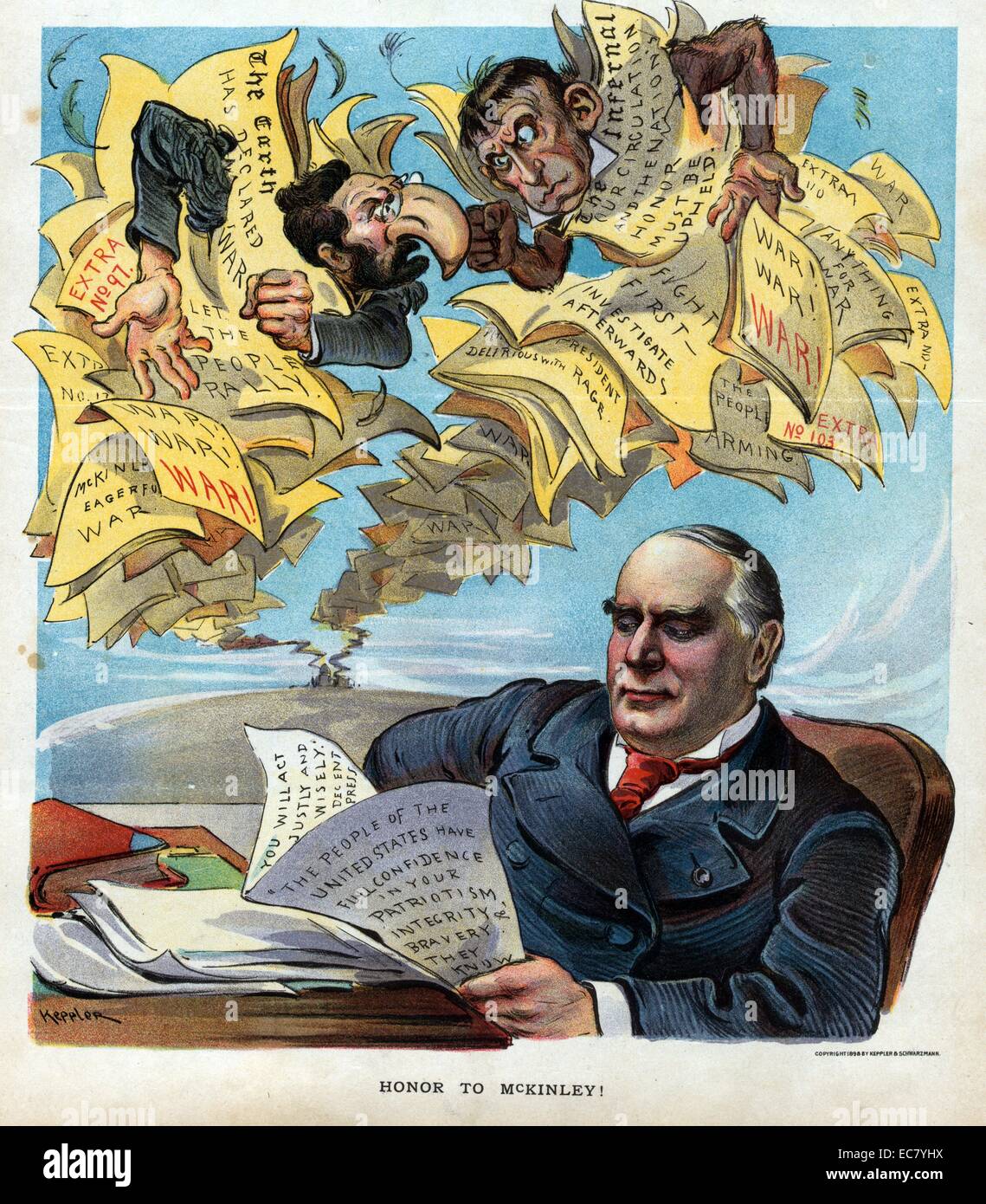 Ehre zu McKinley!" Joseph Pulitzer und ein Affe, möglicherweise bedeutete, William R. Hearst zu repräsentieren, als Herausgeber von gelben Journalismus Zeitung bis in ihren Papieren mit unverschämten Schlagzeilen gewickelt, fordert eine Erklärung von Krieg, während Präsident McKinley ruhig liest ein Papier, das den Menschen in den Vereinigten Staaten haben volles Vertrauen in ihren Patriotismus, Integrität und Mut. Sie wissen, dass Sie gerecht und weise handeln: Anständige drücken Sie '. Stockfoto