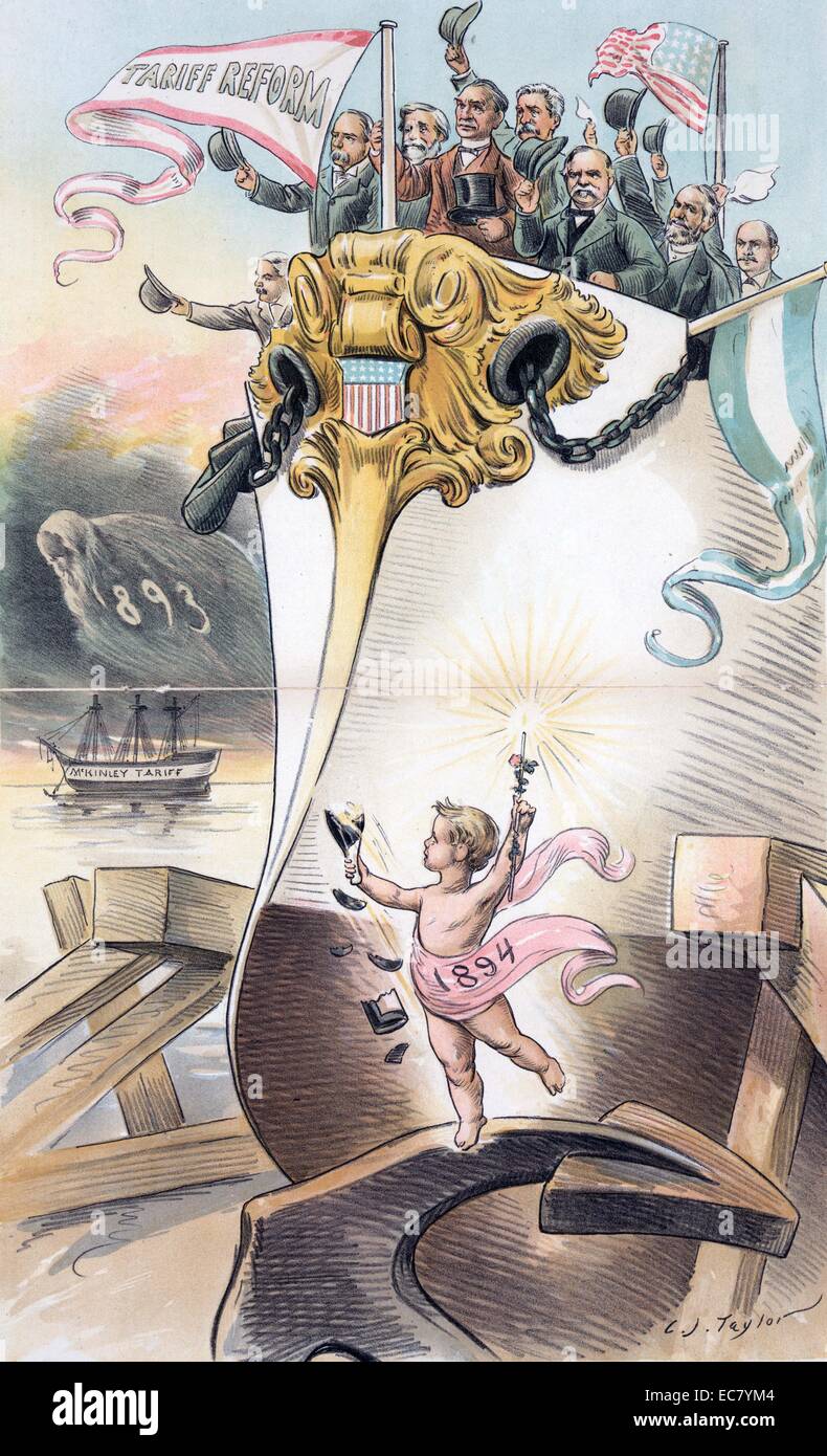 Endlich gestartet! - Viel Glück für Sie!" Cherub mit der Aufschrift "1894" smashing eine Flasche Champagner, als er eine große, moderne Schiff startet, das Schiff des Staates, unter dem Motto "Tarifreform" mit Grover Cleveland und Mitgliedern seines Kabinetts steht auf dem Bogen ihre Hüte schwenkten; im Hintergrund, die spector von '1893' schwebt über einem Segelschiff bin cKinley Tarif' beschriftet. Unter denen mit Cleveland sind Walter F. Gresham, John G. Carlisle, Richard Olney, und entweder Daniel S. Lamont oder Vice President Adlai E. Stevenson. Stockfoto