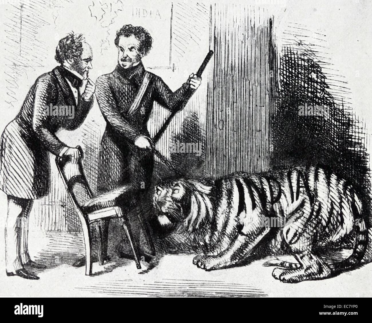 Cartoon im Jahre 1858 stellt Indien (ein gezähmter Tiger), Lord Palmerston von Sir Colin Campbell präsentiert Stockfoto
