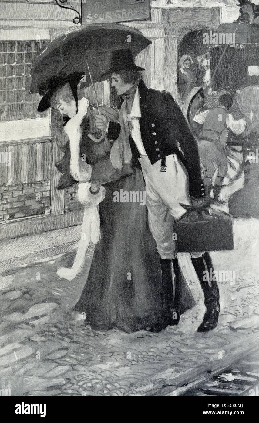 Viktorianische paar sprechen in einem Londoner Straße Stockfoto