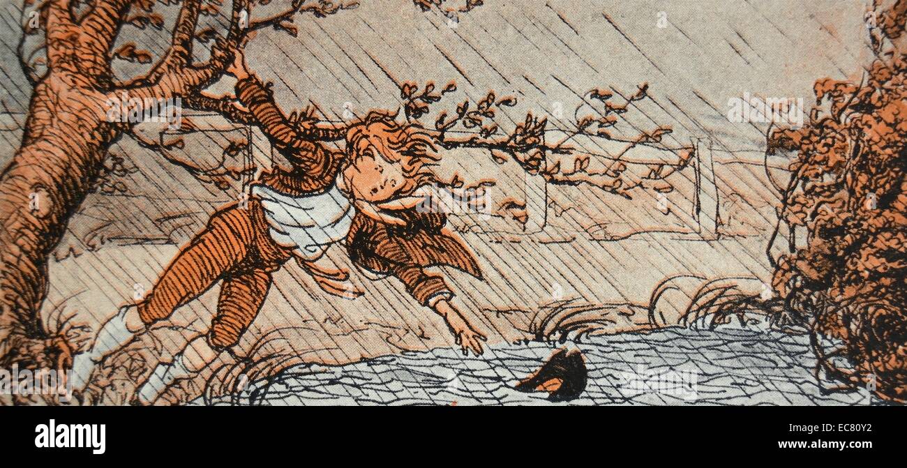 Abbildung eines Kindes in Gefahr aus dem Kinderbuch. Die Stärke des Windes zwingt ihn, auf einen Baum über einen Fluss zu Klammern. Stockfoto