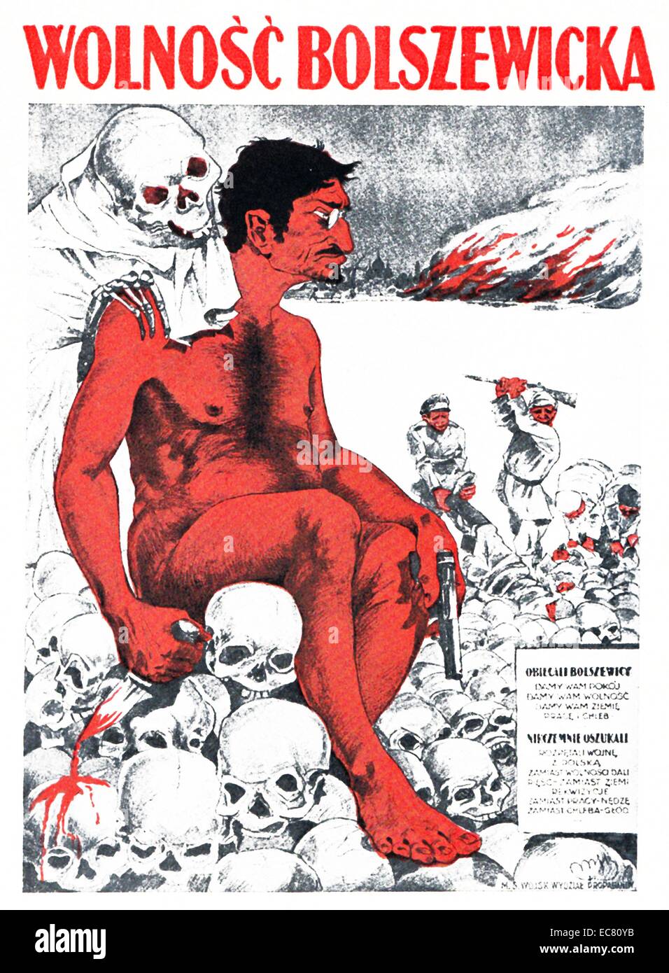Trotzki über das polnische Plakat von 1920. Trotzki sitzt auf einem Pile Of Skulls, halten ein blutiges Messer während des polnisch-russischen Krieges im Jahre 1920. Als der Krieg begann, Trotzki sofort argumentiert für einen Friedensvertrag, aber nicht durchsetzen, bis Ende 1920. Stockfoto
