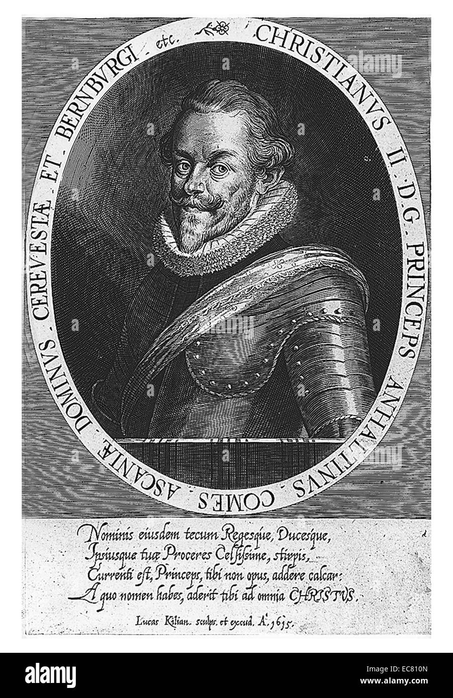 Christian I., Fürst von Anhalt-Bernburg (1568 - 1630) war ein deutscher Fürst aus dem Hause Ascania. Er war regierender Fürst von Anhalt und, ab 1603, regierender Fürst des Fürstentums Anhalt-Bernburg neu belebt. Ab 1595 war er Gouverneur der Oberpfalz, und bald wurde der Berater-in-chief von Friedrich IV., Kurfürst von der Pfalz. Stockfoto