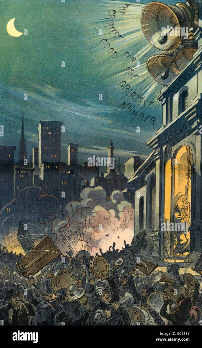 Frohes neues Jahr!" Vater Zeit Glocken verkünden "das größte Wohl für die größte Zahl", dies war ein Utilitaristischen Maxime. Auf dem Bild eine Menschenmenge in der Straße das Neue Jahr feiert mit Krachmacher, Hörner, Trommeln und Zimbeln Ihre persönlichen Ursachen, wie 'Parteilichkeit' und 'parteiische Politik', 'Ring Politik', 'Spoils System", "Rechte der Frauen" und "Unglück Heulen". Stockfoto