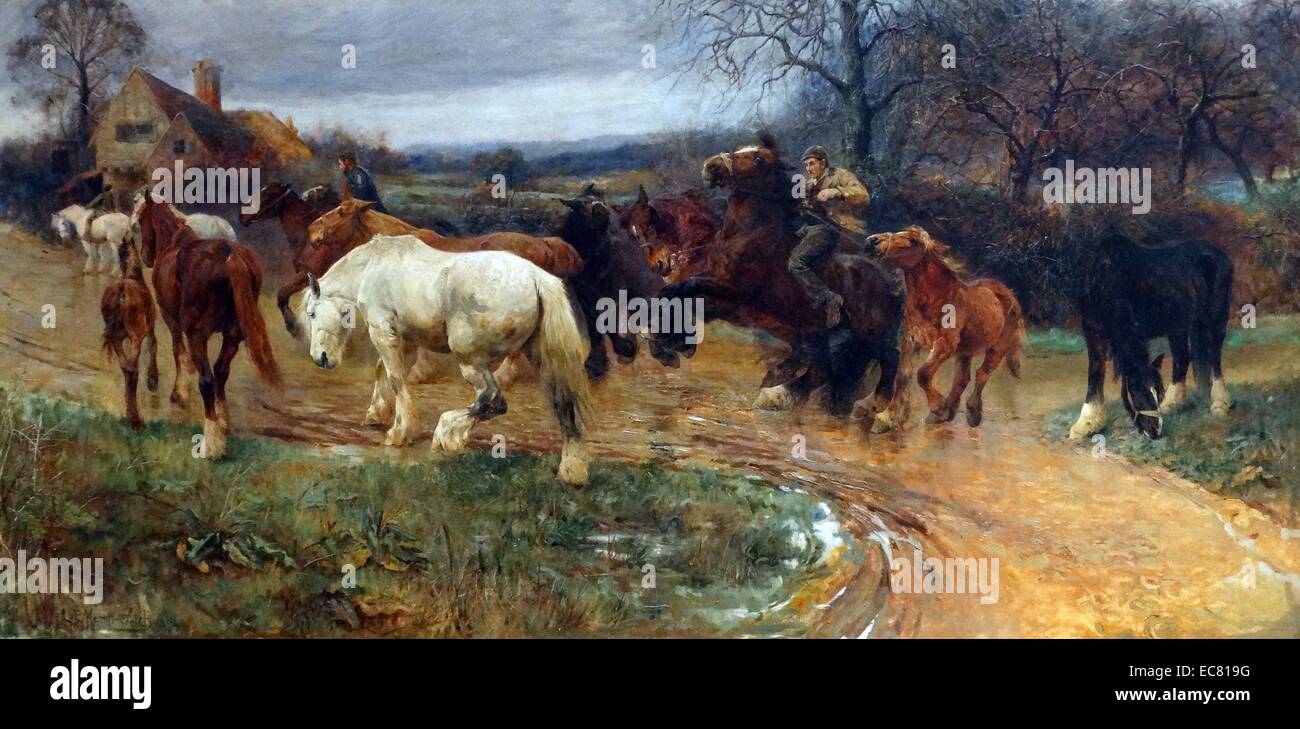 Gypsy Horse Viehtreiber; 1894; Von Lucy Kemp-Welsch 1869-1958. Pferde zeigt auf einem schlammigen Weg Stockfoto