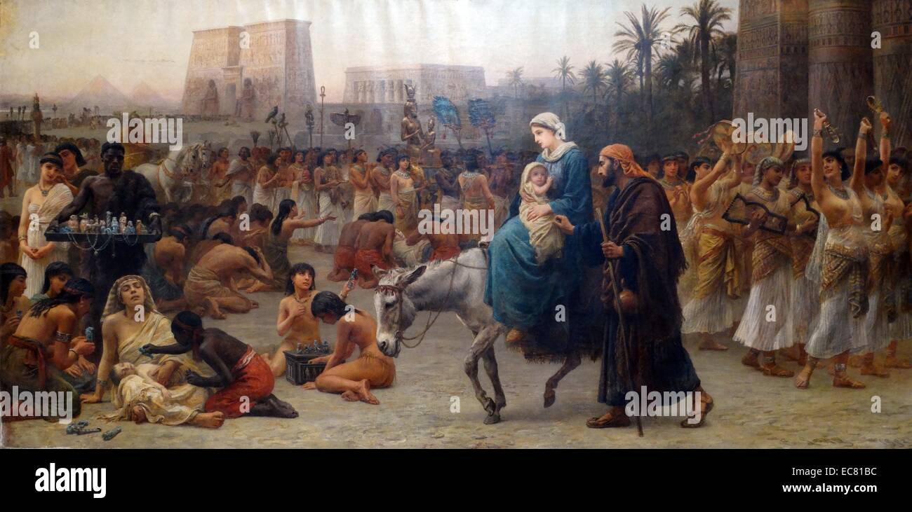 Die Flucht nach Ägypten 1883 von Edwin Long 1829-1891. Joseph; Maria und Jesus geben Sie Ägypten, wie sie das Heilige Land fliehen Stockfoto
