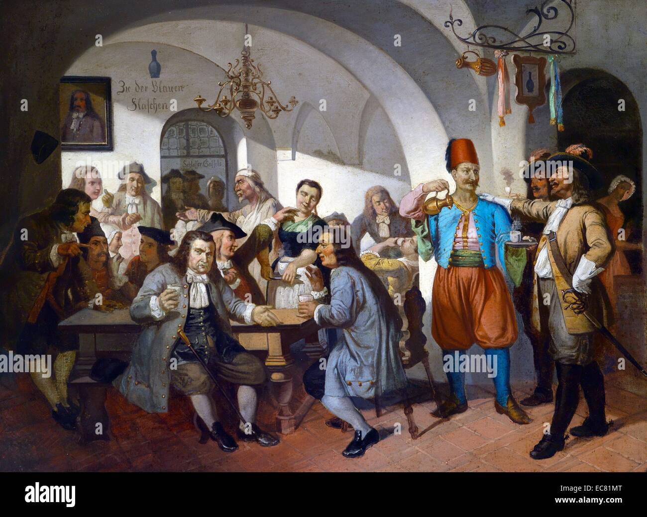 Gemälde mit dem Titel "Die blauen Flaschen" alte Kaffee nach Wiener Art-House-Szene. Datiert 1900 Stockfoto