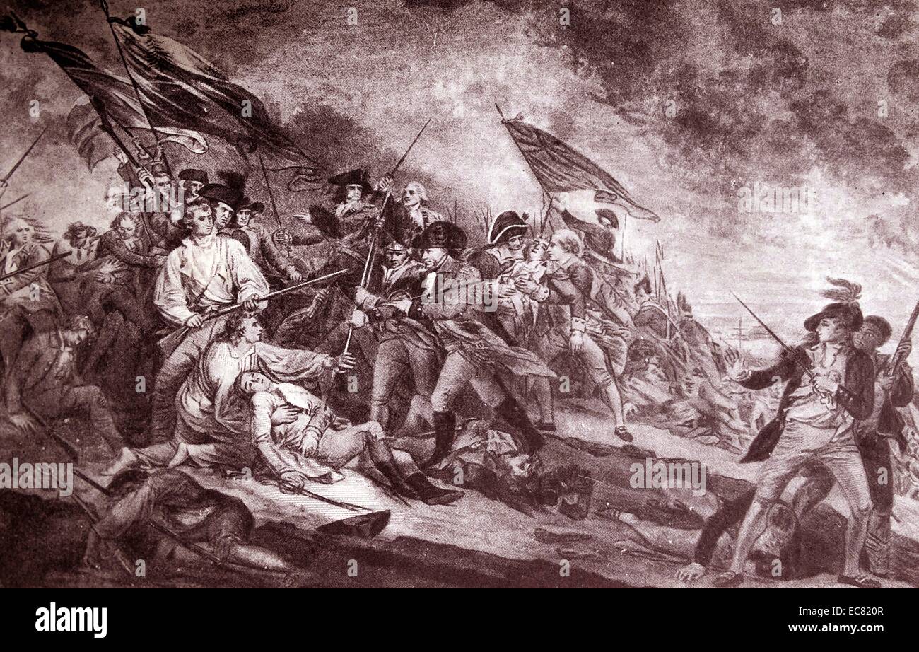 Der Tod von General Warren in der Schlacht von Bunker Hill von John Trumbull. Die Schlacht von Bunker Hill fand am 17. Juni 1775 statt, meist auf und um Breeds Hill, während der Belagerung von Boston früh im Amerikanischen Unabhängigkeitskrieg Stockfoto