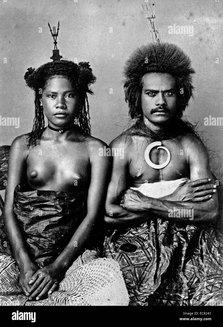 Porträt einer tribal Fidschi Mann & Frau. Datiert um 1884. Stockfoto