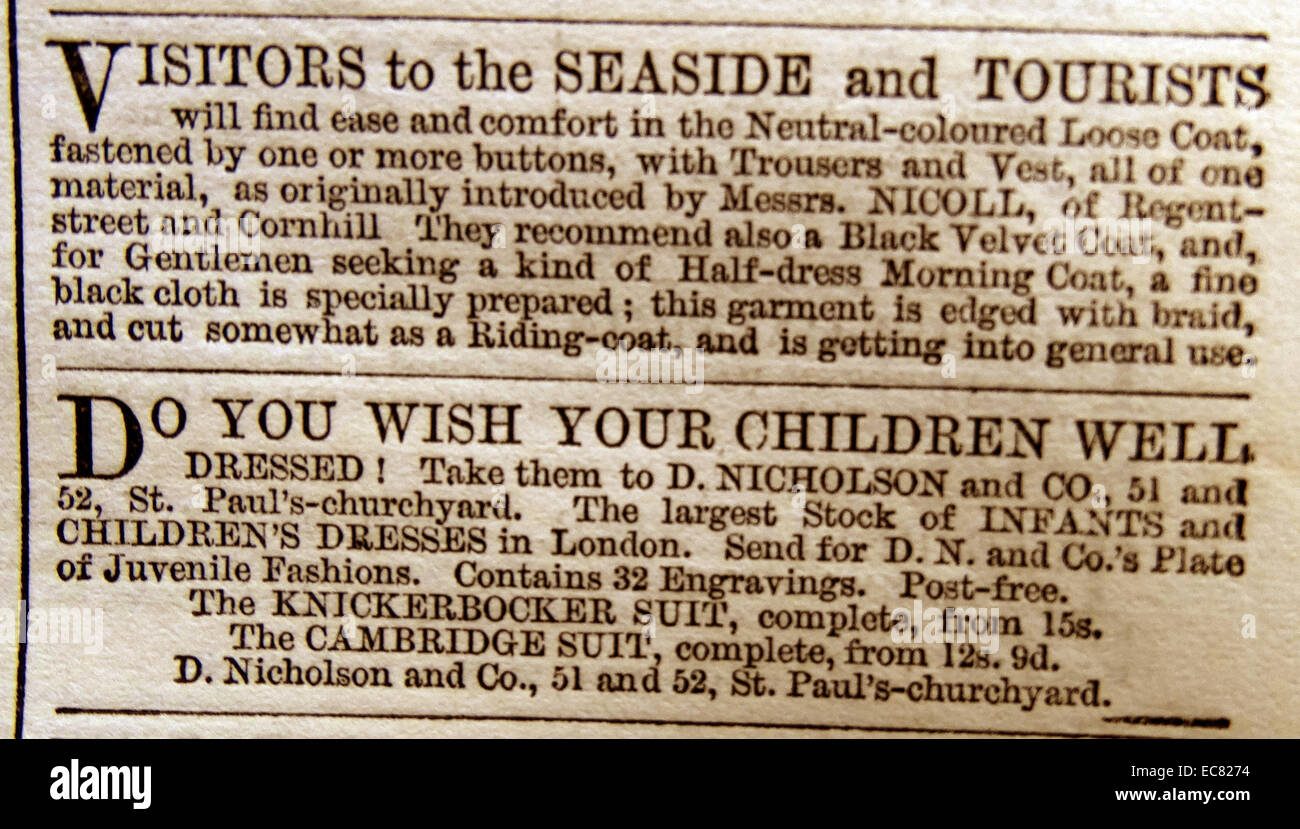 Anzeigen für Kleidung für Touristen und für Kinder. Zeitung anzeigen, die spezielle Kleidung für Besucher zu den Küstenorten von England sowie Säuglings- und Kinderbekleidung. Stockfoto