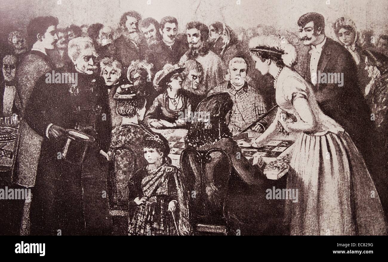 19. Jahrhundert französischer Spieltisch mit Spieler in ein Spiel versunken Stockfoto